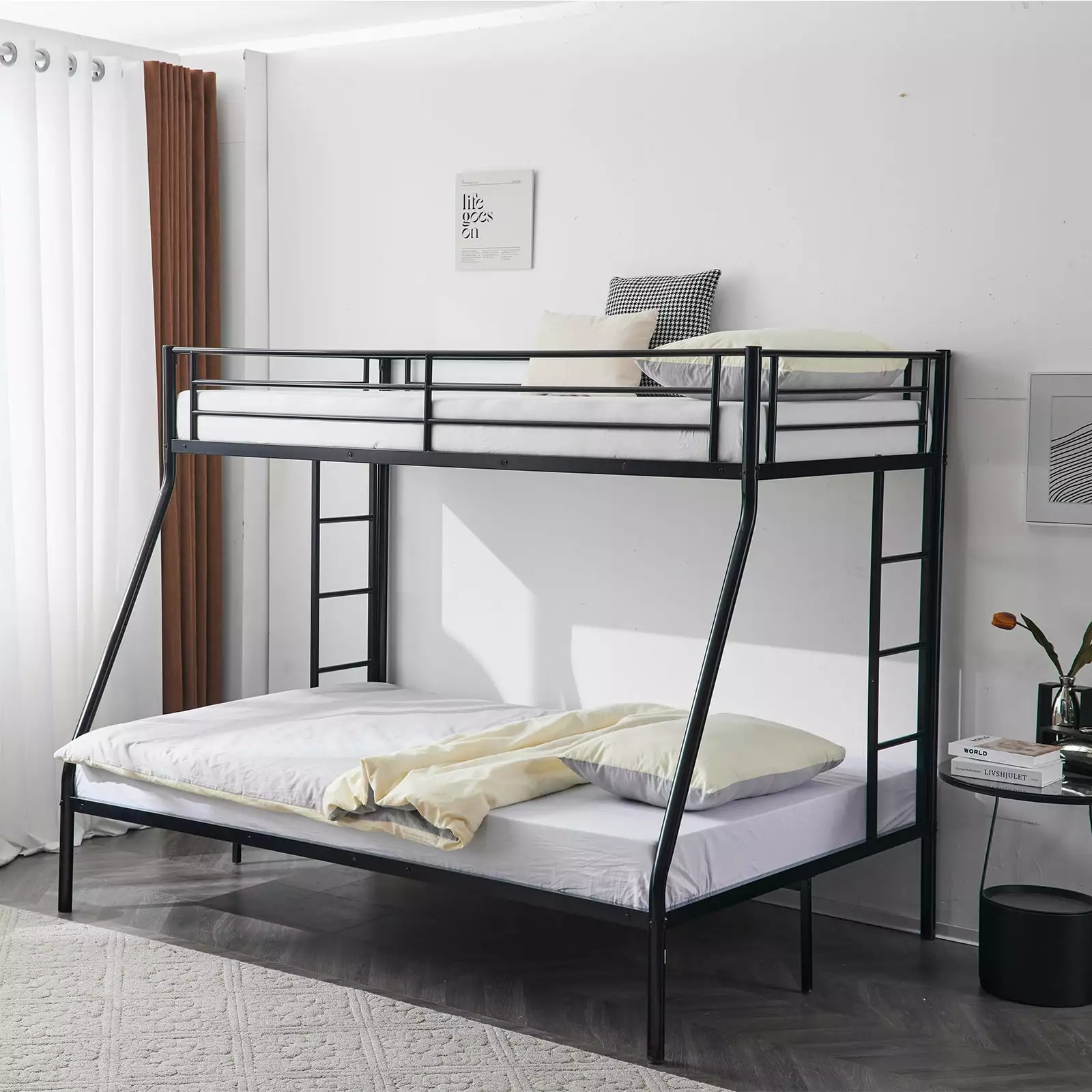 Ktaxon Metal Twin over Full Bunk Bed with Moveable Trundle & 2 Ladders for Bedroom. Black