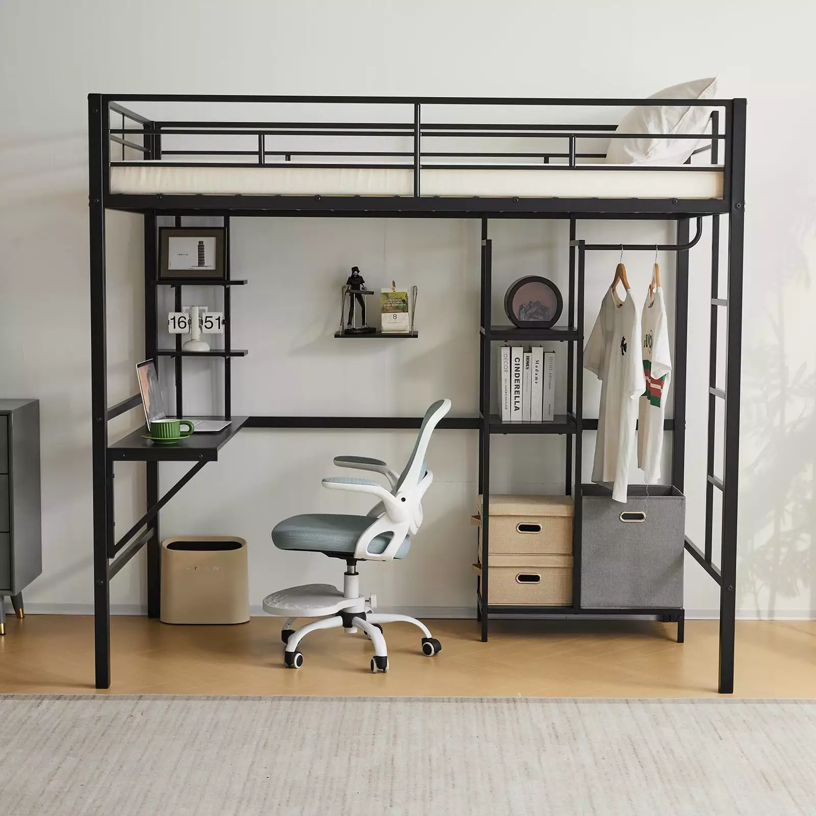 Ktaxon Twin Loft Bed with Desk. Bunk Bed with 5 Shelves and Hanging Rod. Black