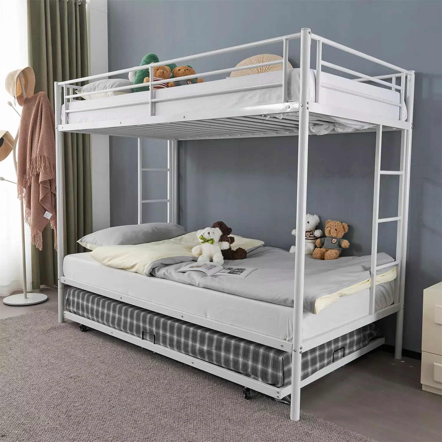 Ktaxon Twin Over Twin Bunk Bed with Trundle for 3 Kids Teens Adults.Triple-layered Metal Frame Loft Bed with Two Side Ladder and Lockable Wheel. White