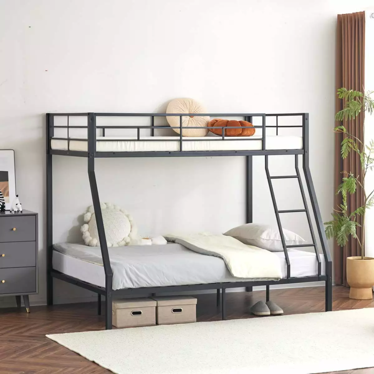 Ktaxon Twin Over Full Metal Bunk Bed with Stairs & Full-Length Guardrail. Black