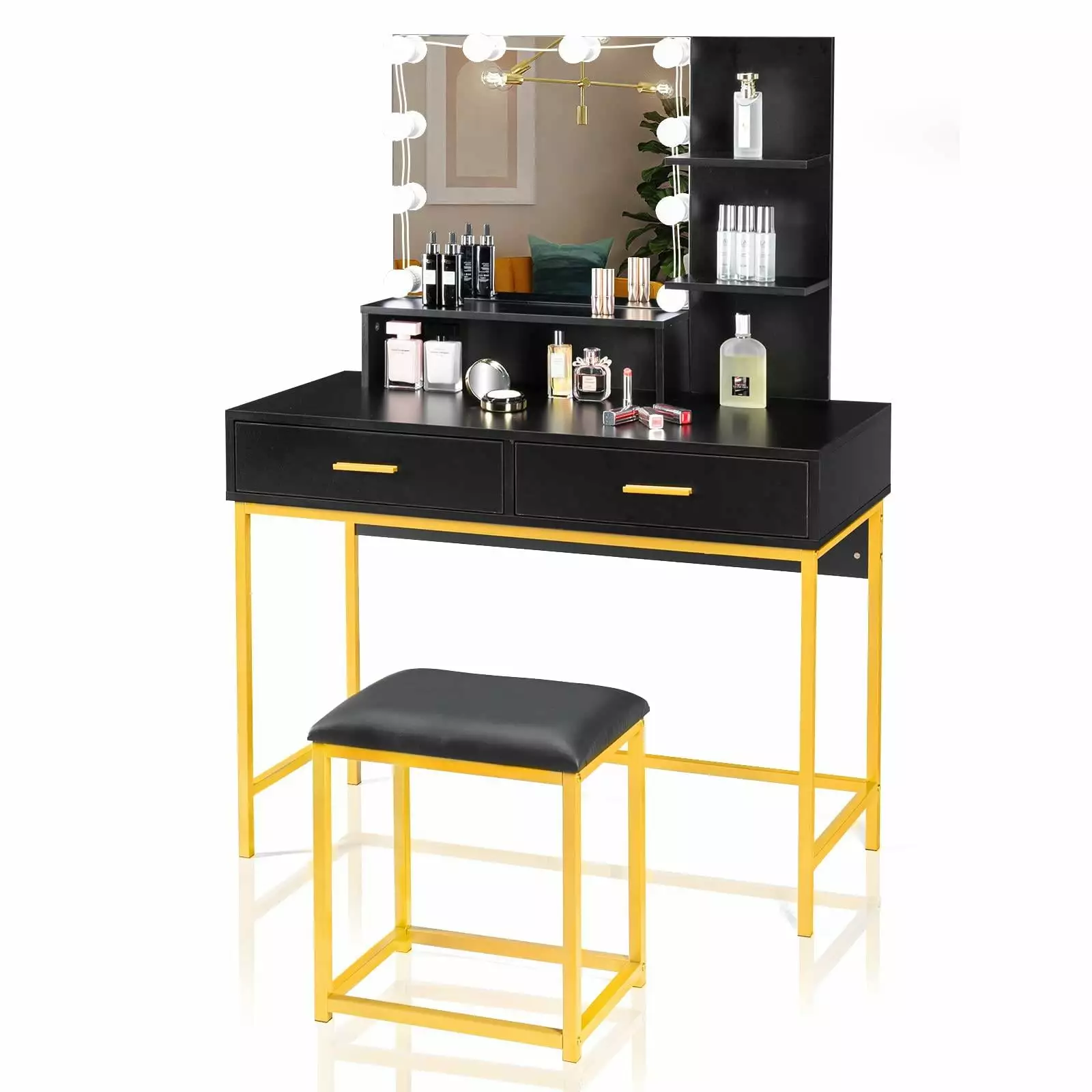 Ktaxon Vanity Set Makeup Vanity Table Set with Lighted Mirror & Stool. Modern Dressing Table with 10 LED Lighting Bulbs. 2 Large Drawers and Storage Shelf for Women & Girls.Black & Gold