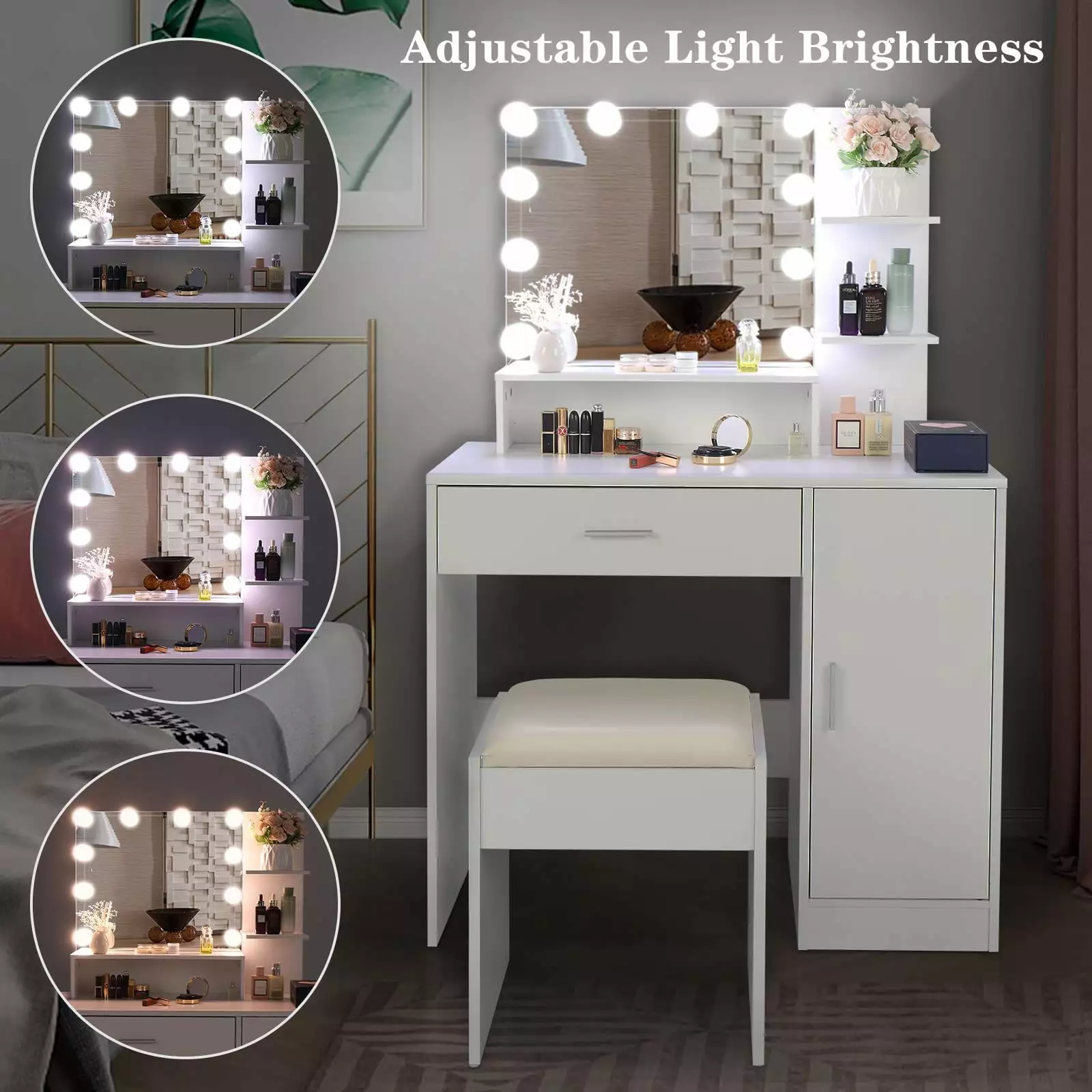 Ktaxon Vanity Set with 3 Color Lighted Mirror. Makeup Table with 3 Storage Shelves & Drawers. Dressing Table Makeup Desk with Stool.White