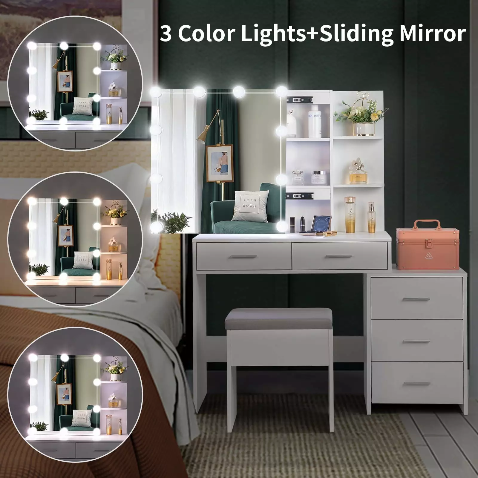 Ktaxon Vanity Set with 3 Color Lighted Mirror. Makeup Table with 3 Storage Shelves & Drawers. Dressing Table Makeup Desk with Stool.White