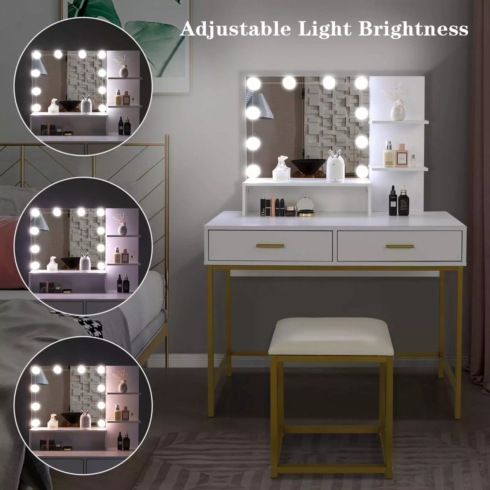 Ktaxon Vanity Table Set with 3 Color Lighted Mirror & Stool. Makeup Vanity Dressing Table. 2 Drawers and Storage Shelves for Bedroom. Gold Vanity Desk for Women Girls (White)