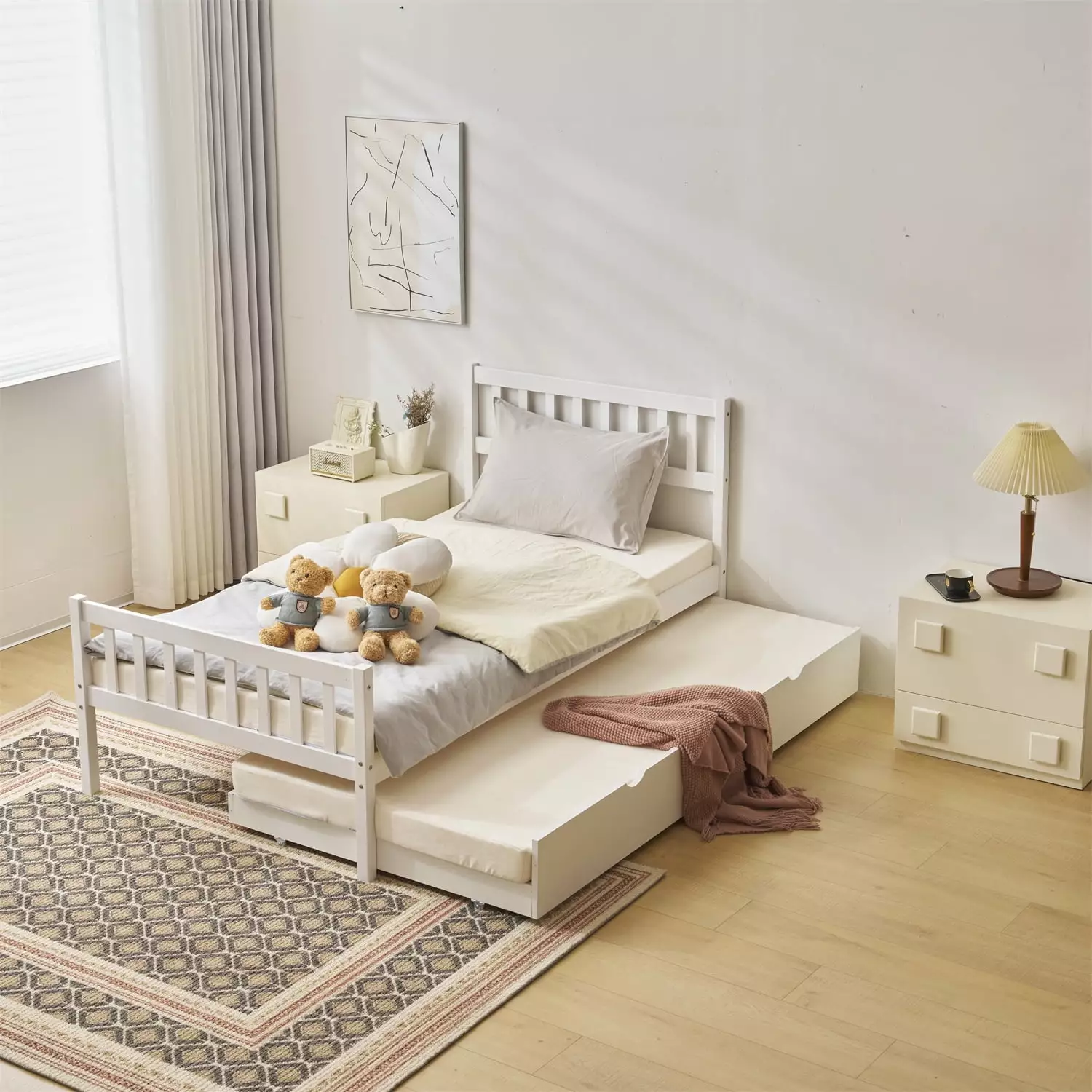 Ktaxon Wood Bed Frame with Trundle. Twin Bed with Headboard. White