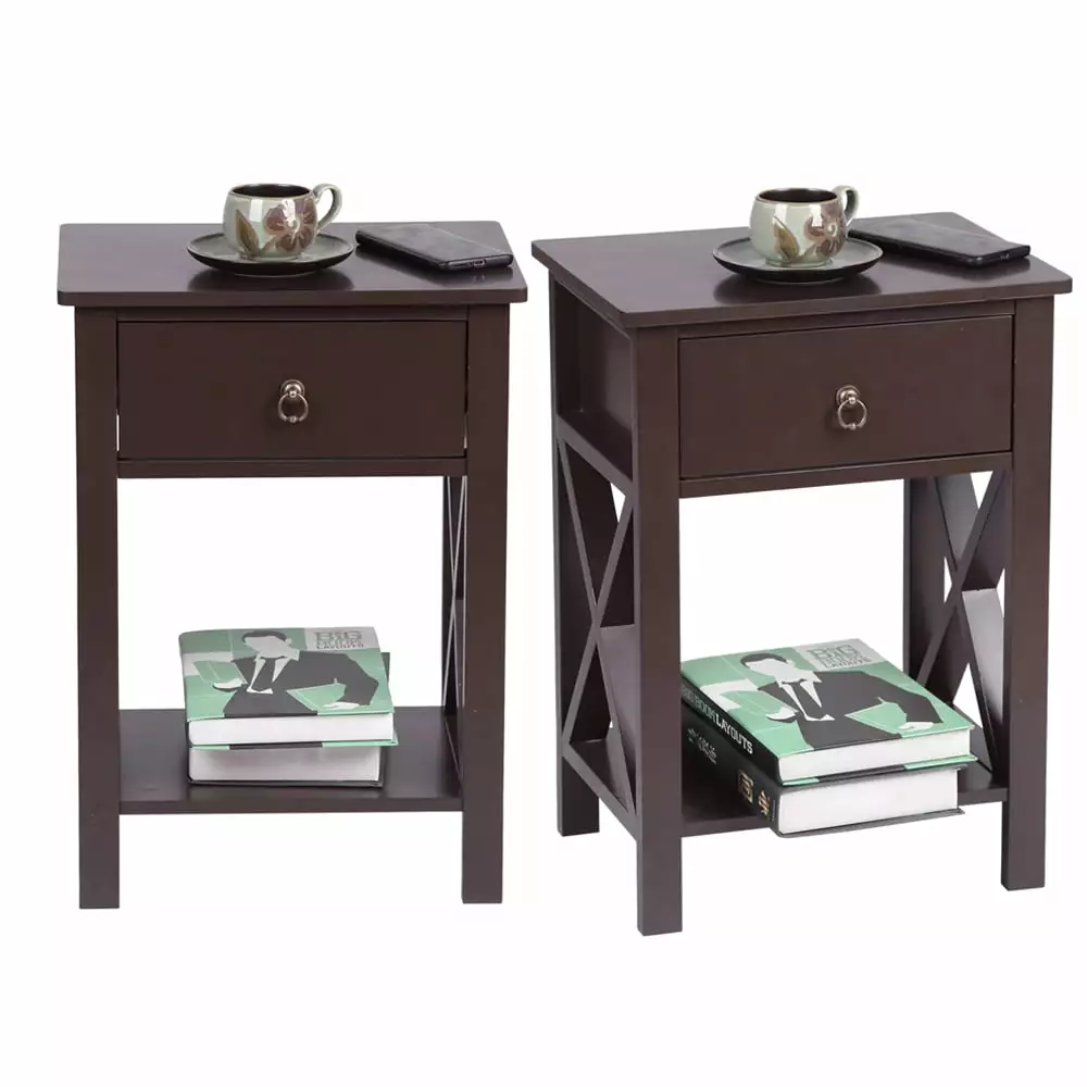 Ktaxon Wooden X-Design Side End Table Night Stand Storage Shelf with Bin Drawer Night Stand Sets of 2