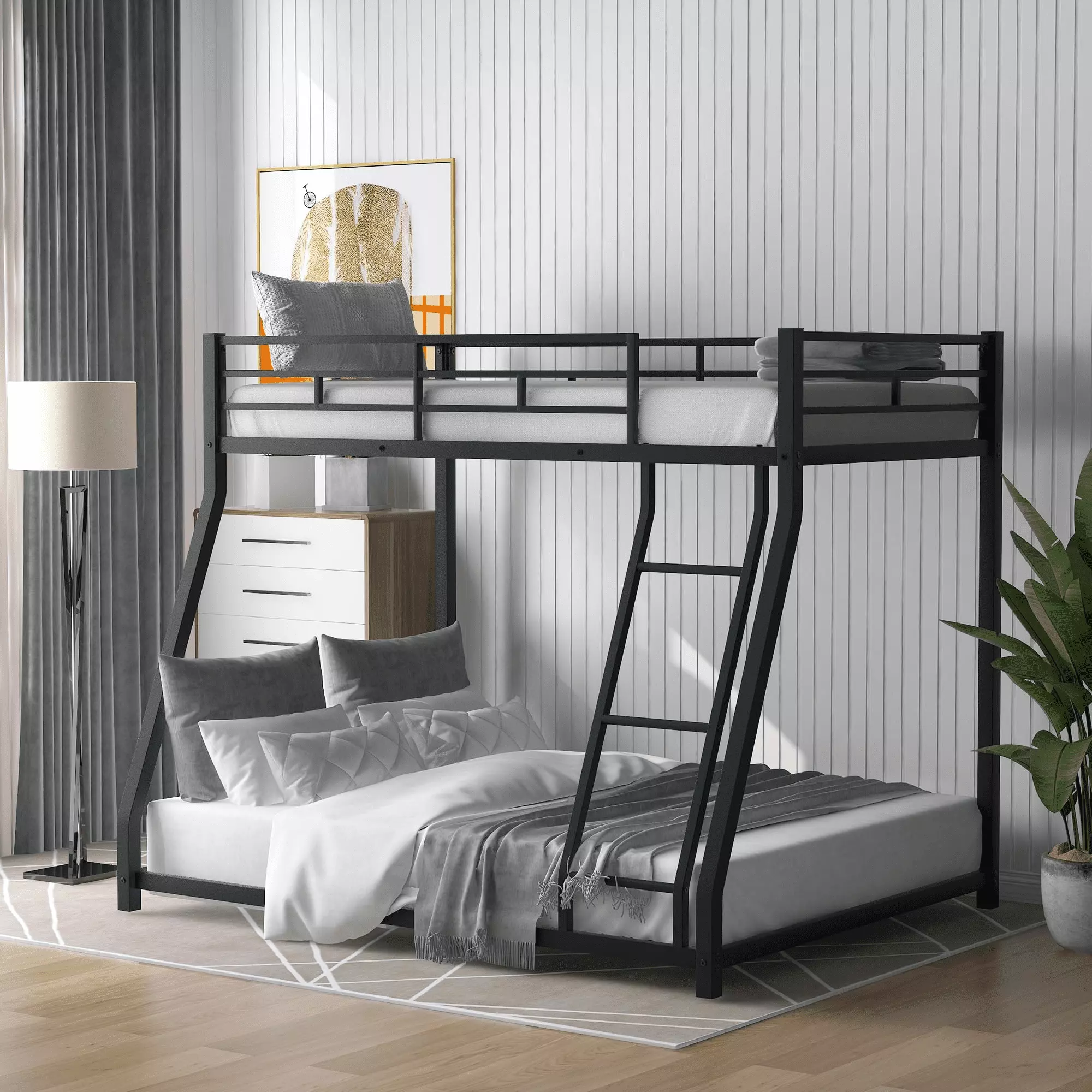 Kumix Bunk Bed Twin over Full. Metal Bunk Bed with Sturdy Guard Rail and Ladder. Floor Bunk Bed Space-Saving Design. Toddler Bunk Beds for Kids. Teens. Adults. No Box Spring Needed. Black