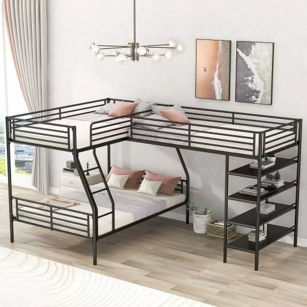 L Shaped Bunk Bed for 3. Metal Triple Bunk Bed. Heavy-Duty Steel Frame Twin Over Full Bunk Bed and Twin Size Loft Bed with Four Built-in Shelves for Bedroom. Dorm. Boys. Girls. Adults (Black)