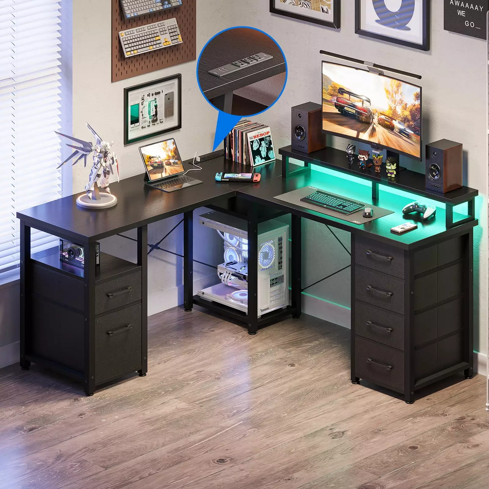 L Shaped Desk with Drawer. 59 inch Computer Desk with Monitor Stand. Reversible Corner Desk. Gaming Desk with Storage Shelves. Home Office Desk. Black