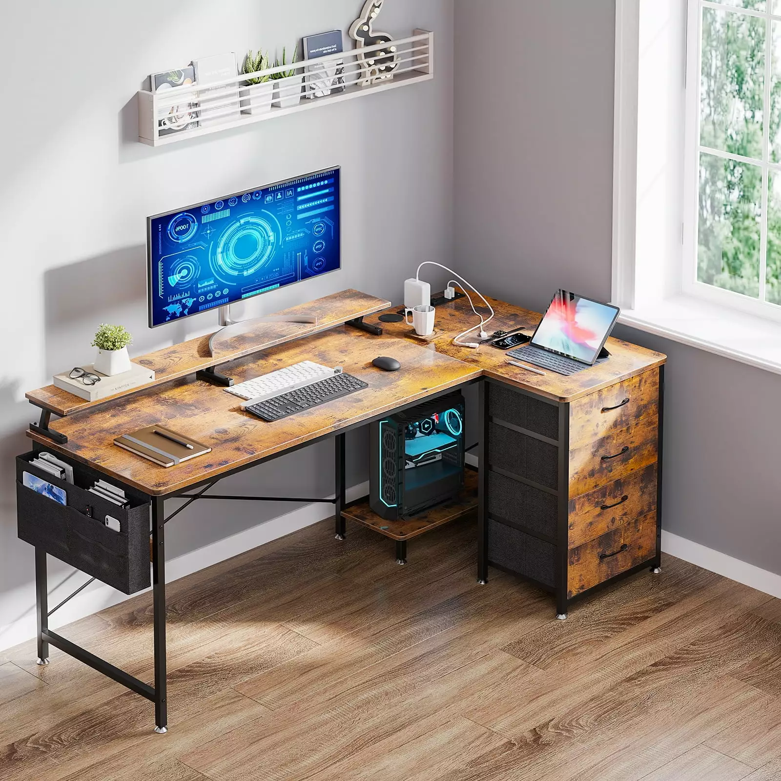 L Shaped Gaming Desk. 63 inch Corner Computer Desk with Power Outlet & USB Charging Port. Modern Writing Desk with 4-Tier Drawer & Monitor Shelf for Home Office. Vintage