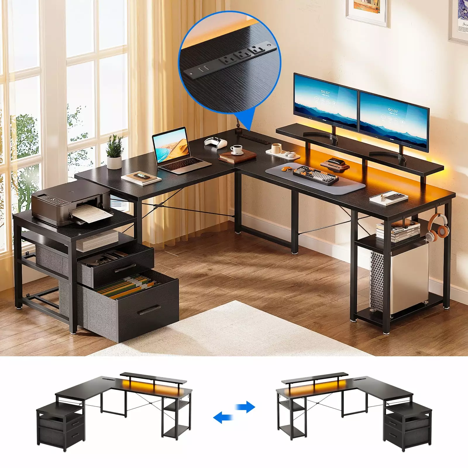 L Shaped Gaming Desk with Drawers. 59 Reversible Computer Desk with File Drawer. Corner Computer Desk with Storage Shelves & Monitor Stand. Home Office Desk Workstation. Black