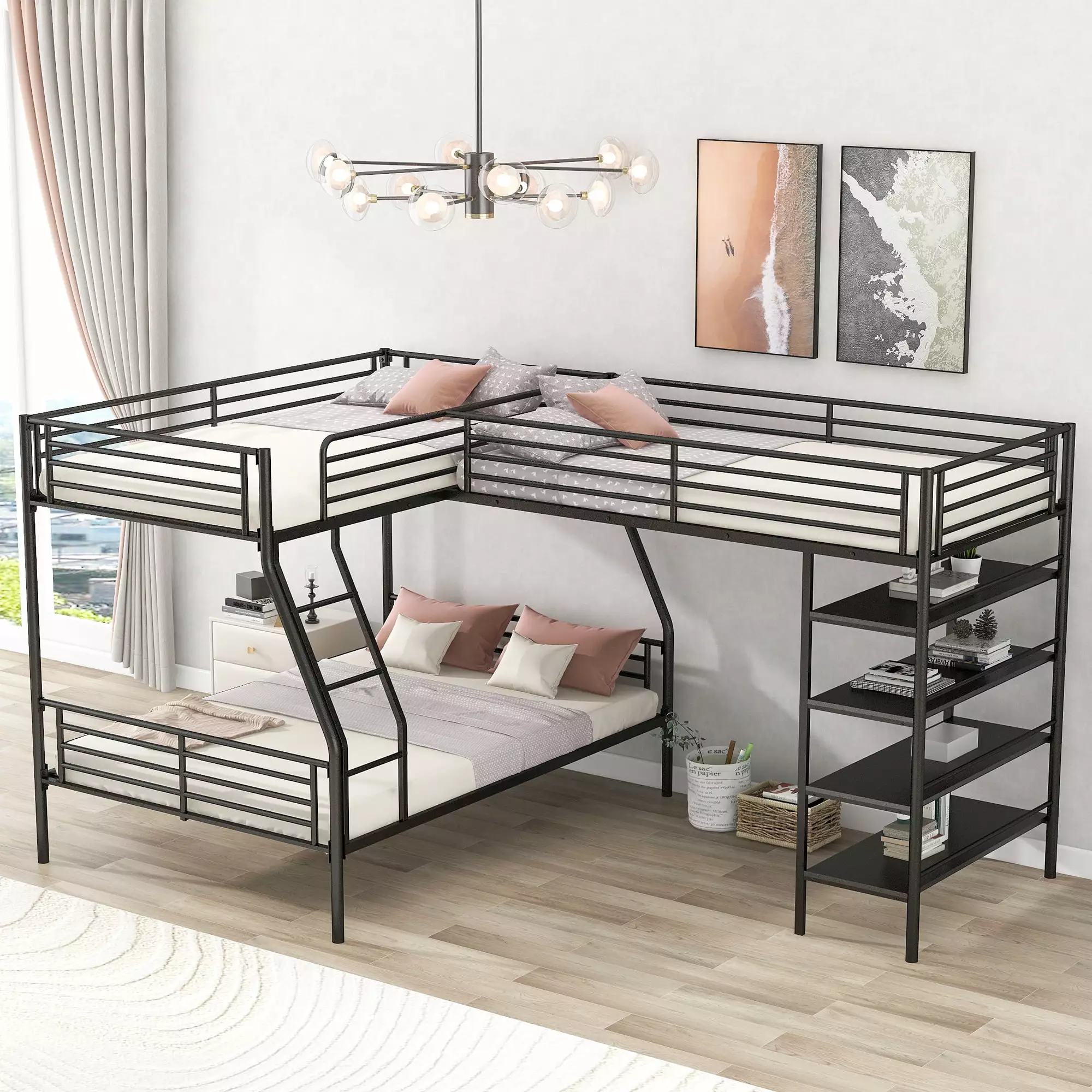 L-Shaped Metal Twin over Full Bunk Bed and Twin Size Loft Bed with Four Built-in Shelves.Black 617AAB