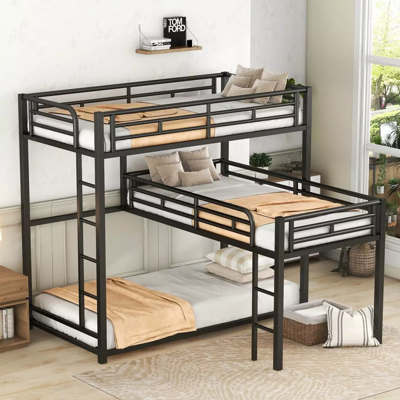 L-Shaped Triple Twin Bunk Bed for Kids Teen Adults. Metal Triple Bunk Bed Frame with Integrated Ladder & Full-Length Guardrails. Black