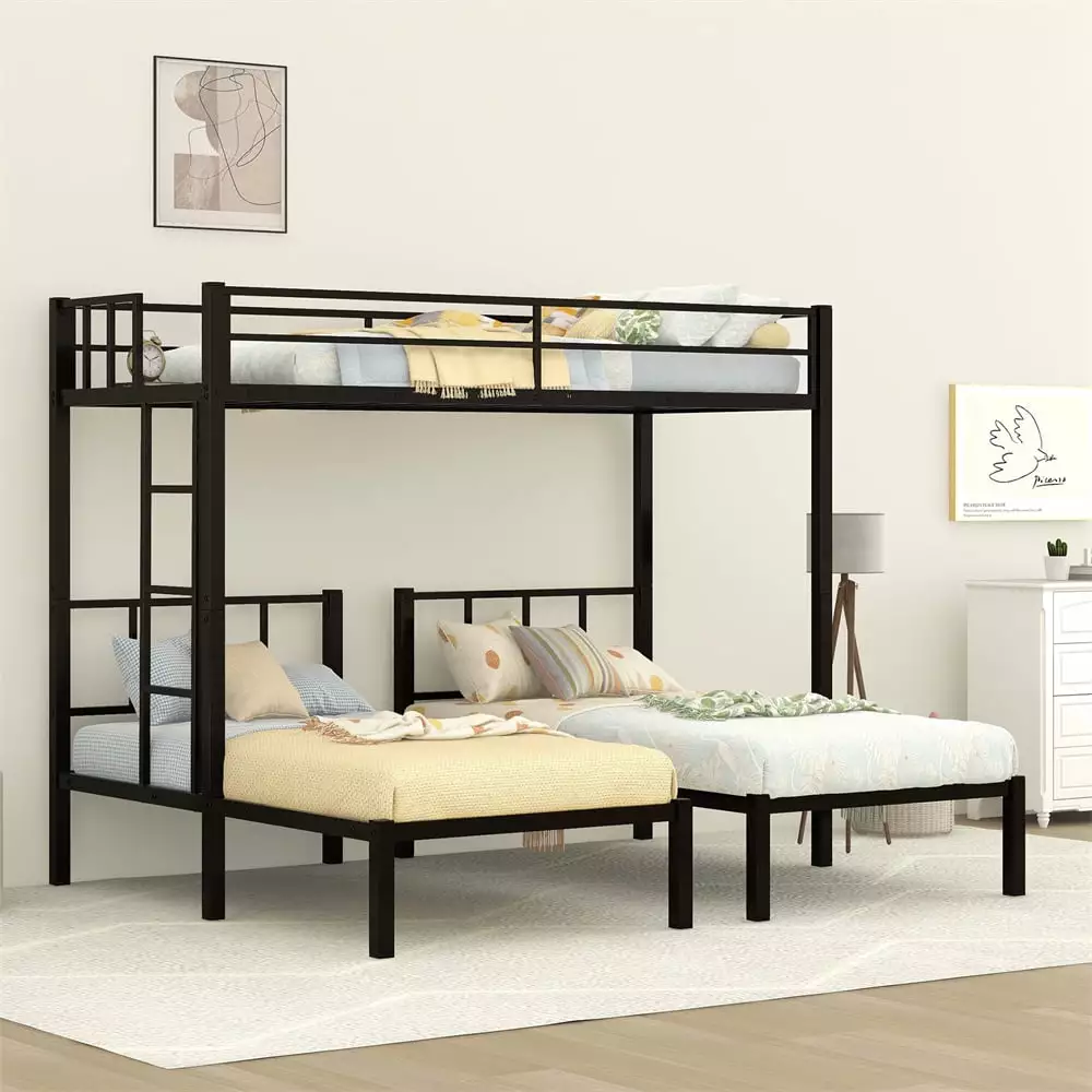 L-shaped Triple Bunk Bed. Twin Size Metal Bunk Bed Frame with Storage Board and Small Table. Heavy-Duty Bunk Bed with Safety Guardrails and Ladders. Can Be Convertible into 3 Beds. Black