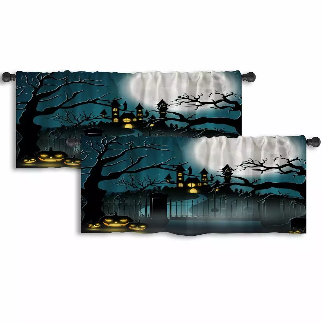 LALILO Kitchen Curtain Valance Creepy With Castle Rod Pocket Window Curtain 52x 18 Set of 2