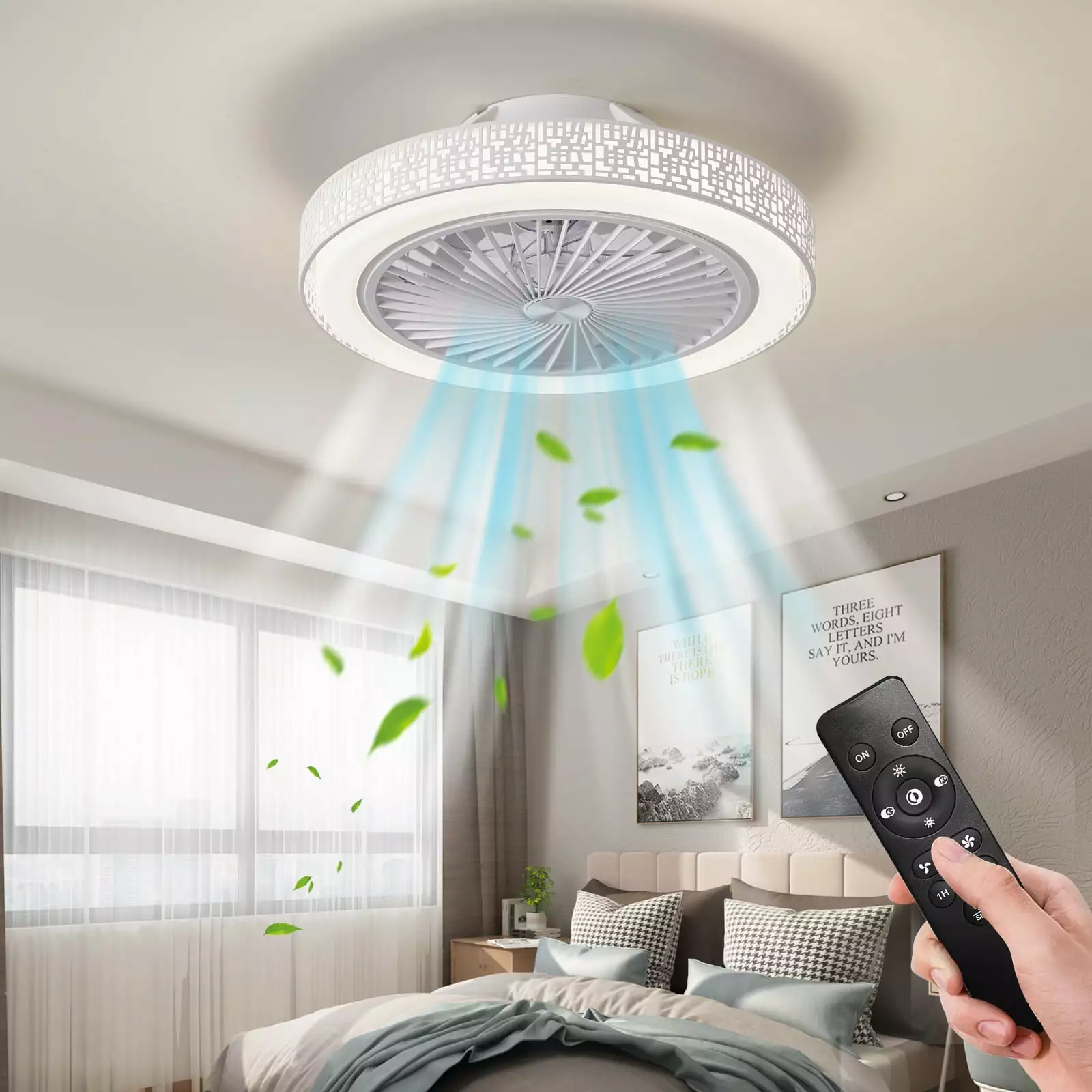 LATATA Ceiling Fan with Lights and Remote.18.9in 3 Colors 3 Speeds Smart Timing Fan Chandelier.Stepless Dimming Low Profile Flush Mount Enclosed Ceiling Fan Light for Bedroom Living Room Dining Room