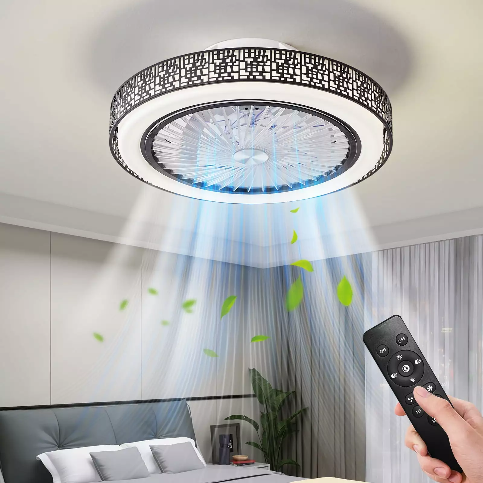 LATATA Modern Ceiling Fan with Lights.18.9in LED Dimmable 3 Color Temperatures 3 Wind Speeds Smart Timing Ceiling Fan Light with Remote Control.Low Profile Flush Mount Enclosed Ceiling Fan Light