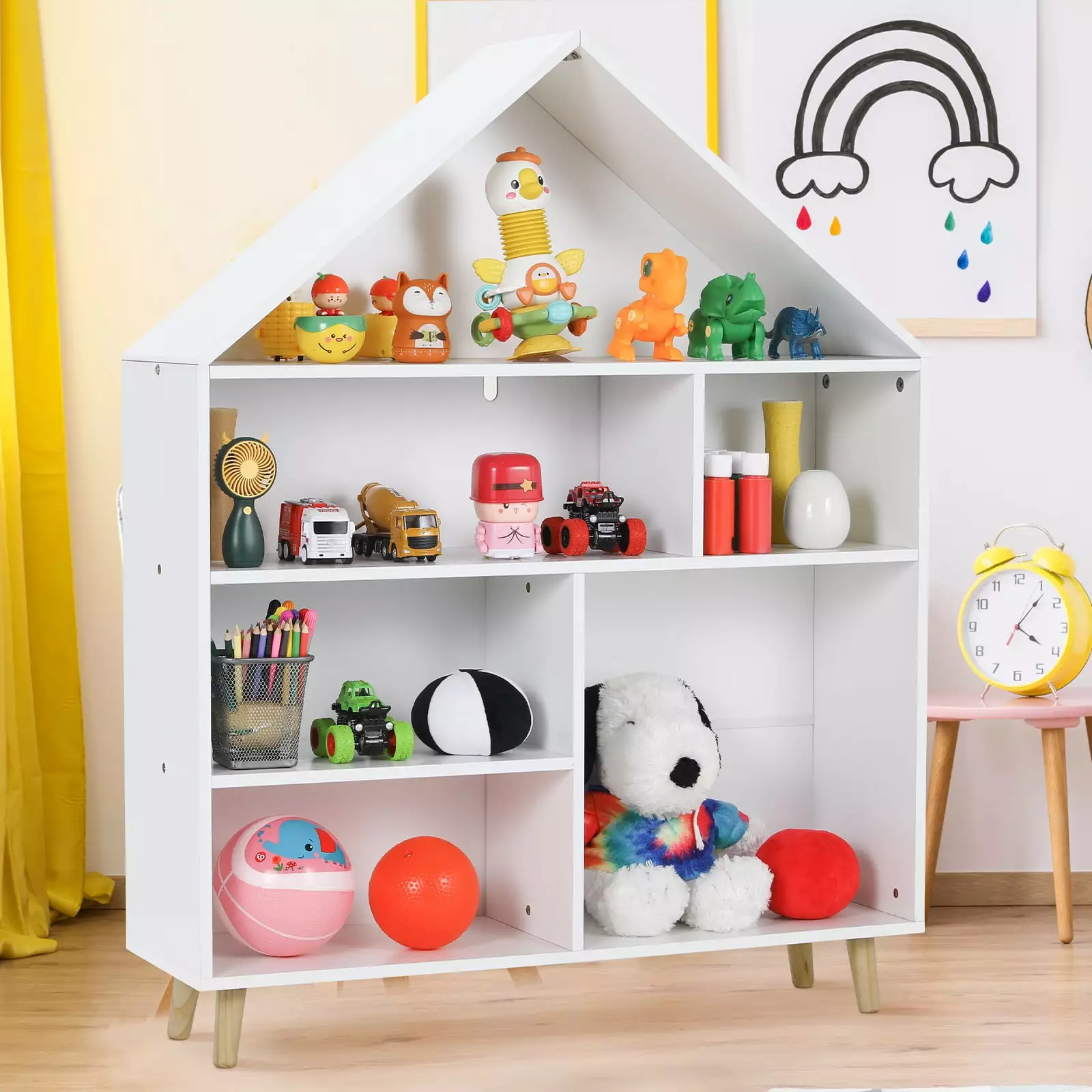 LAZY BUDDY Kid's Bookcase. 4-Tier Wooden Children's Dollhouse Bookshelf with 6 Compartments and Legs for Playing Room. Nursery - White