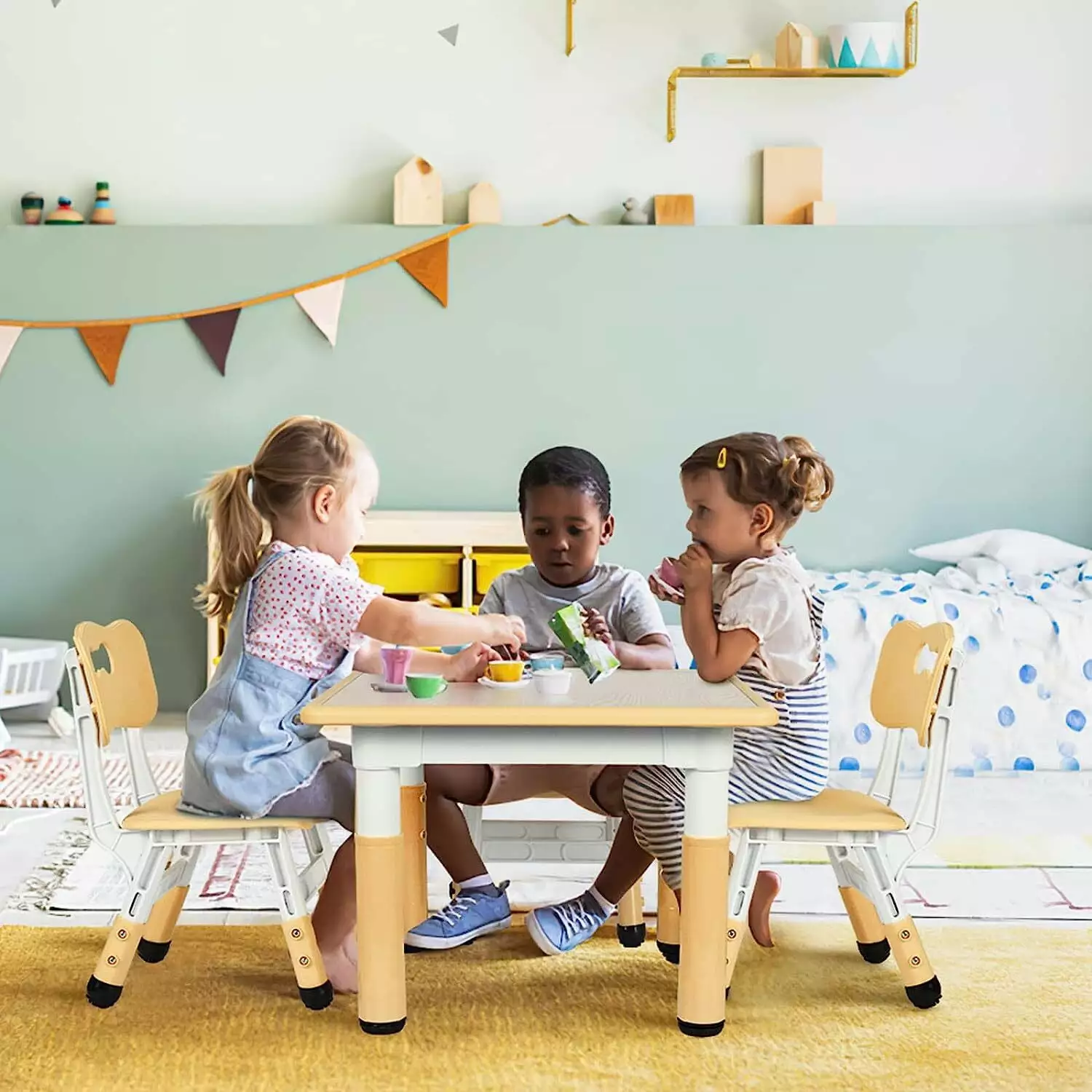 LAZY BUDDY Kids Table and 4 Chairs Set. Height Adjustable Toddler Table and Chair Set for Ages 2-10. Arts & Crafts Table for Classrooms/Daycares/Homes - Yellow