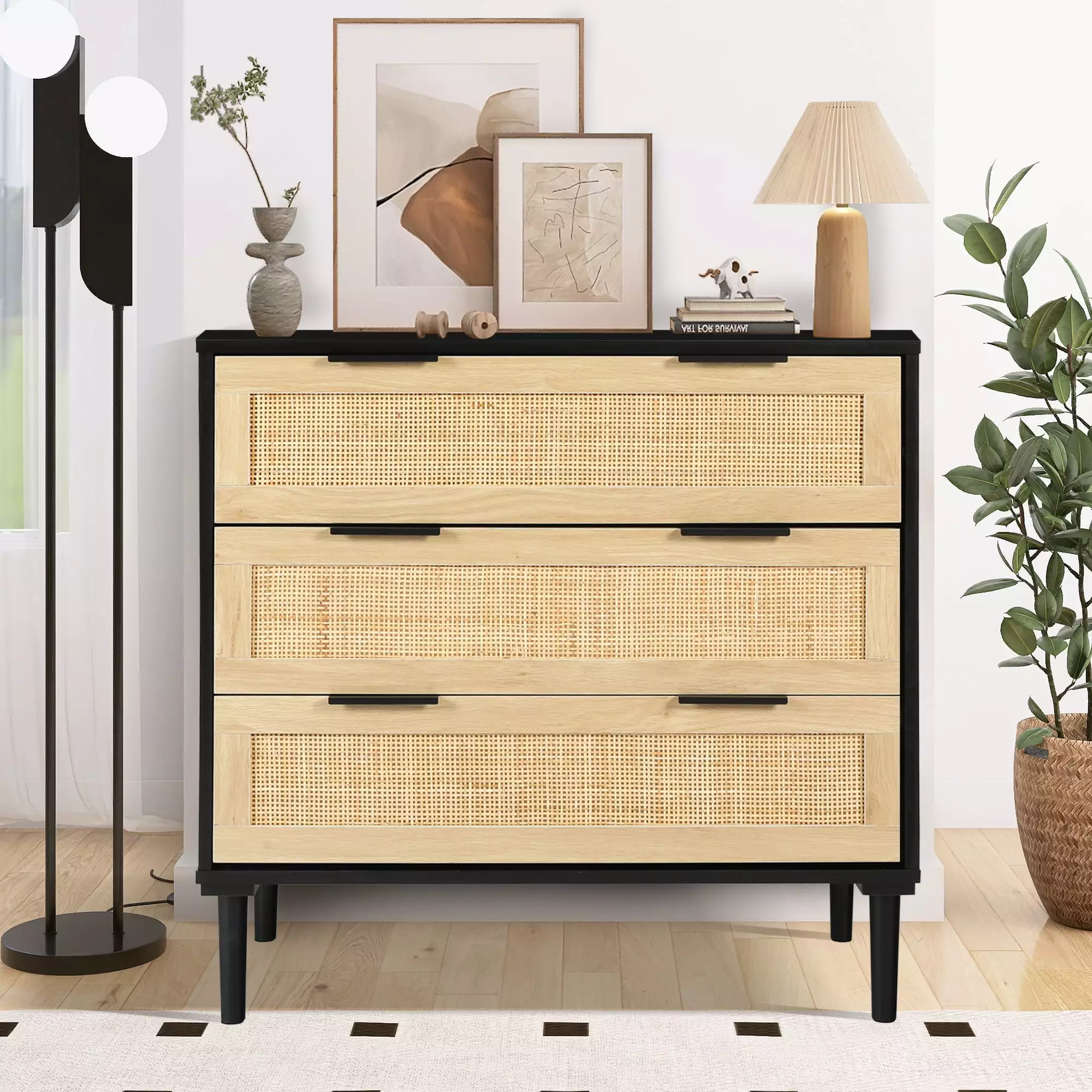 LAZZO 3 Modern Drawer Dresser Rattan. Wooden Dresser Chest of Large Storage Cabinet