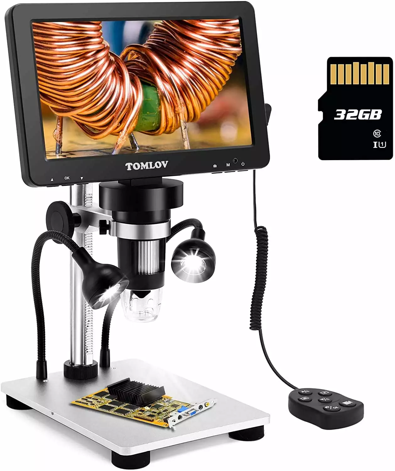 TOMLOV DM9 7 LCD Digital Microscope 1200X. 1080P Video Microscope with Metal Stand. 12MP Ultra-Precise Focusing. LED Fill Lights. PC View. Windows/Mac OS Compatible. with SD Card. Model- DM9