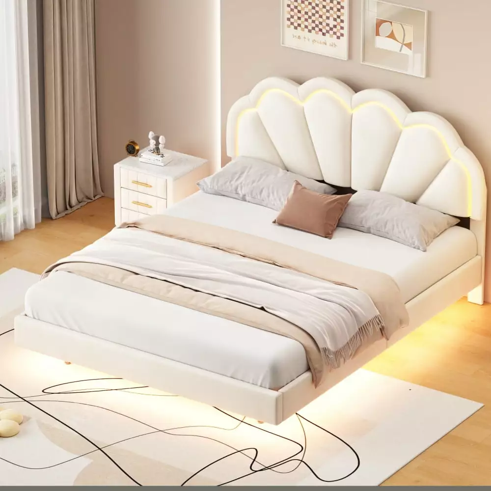 LED Bed Frame. Queen Size Bed for Kids Girls. Velvet Upholstered Platform Bed with Adjustable Headboard. Beige