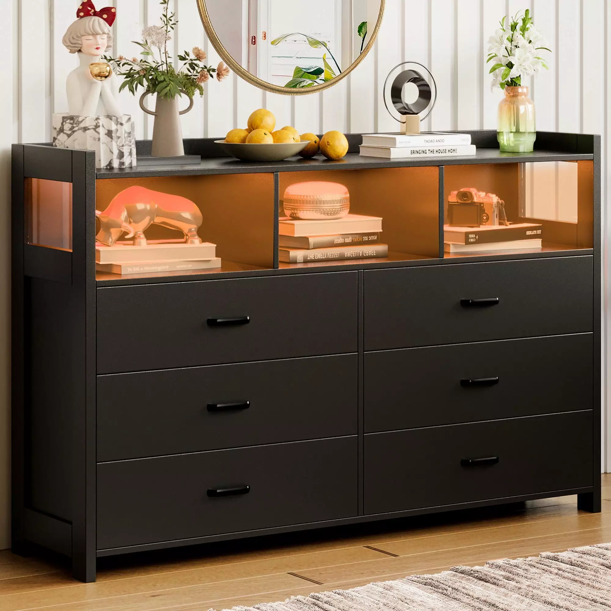 LED Dresser for Bedroom 6 Drawers. Storage Cabinet with Power Outlets. Black