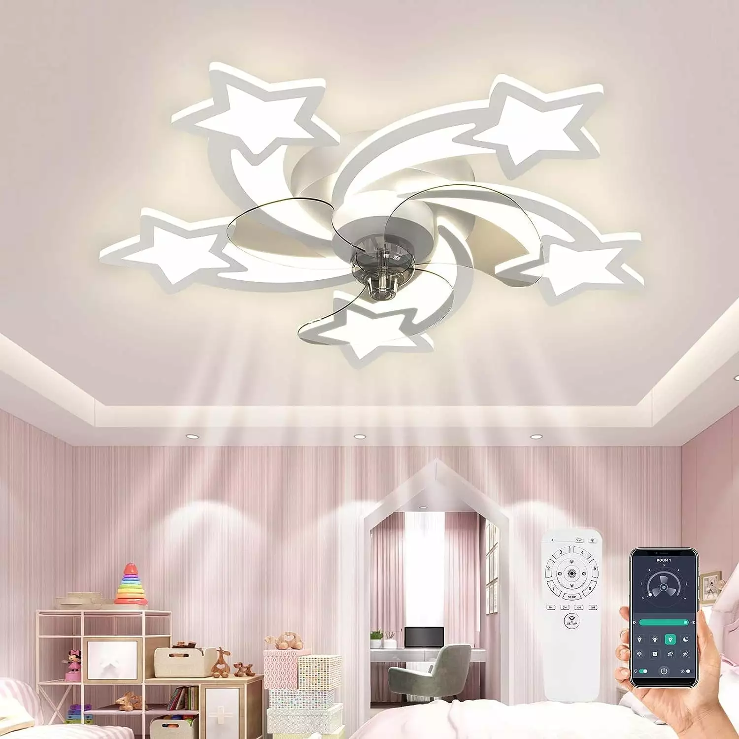 LEEAGLEGRY 28 inch Kids Flush Mount Ceiling Fans with Lights and Remote. White Modern Girls Ceiling Fan Dimmable LED for Bedroom