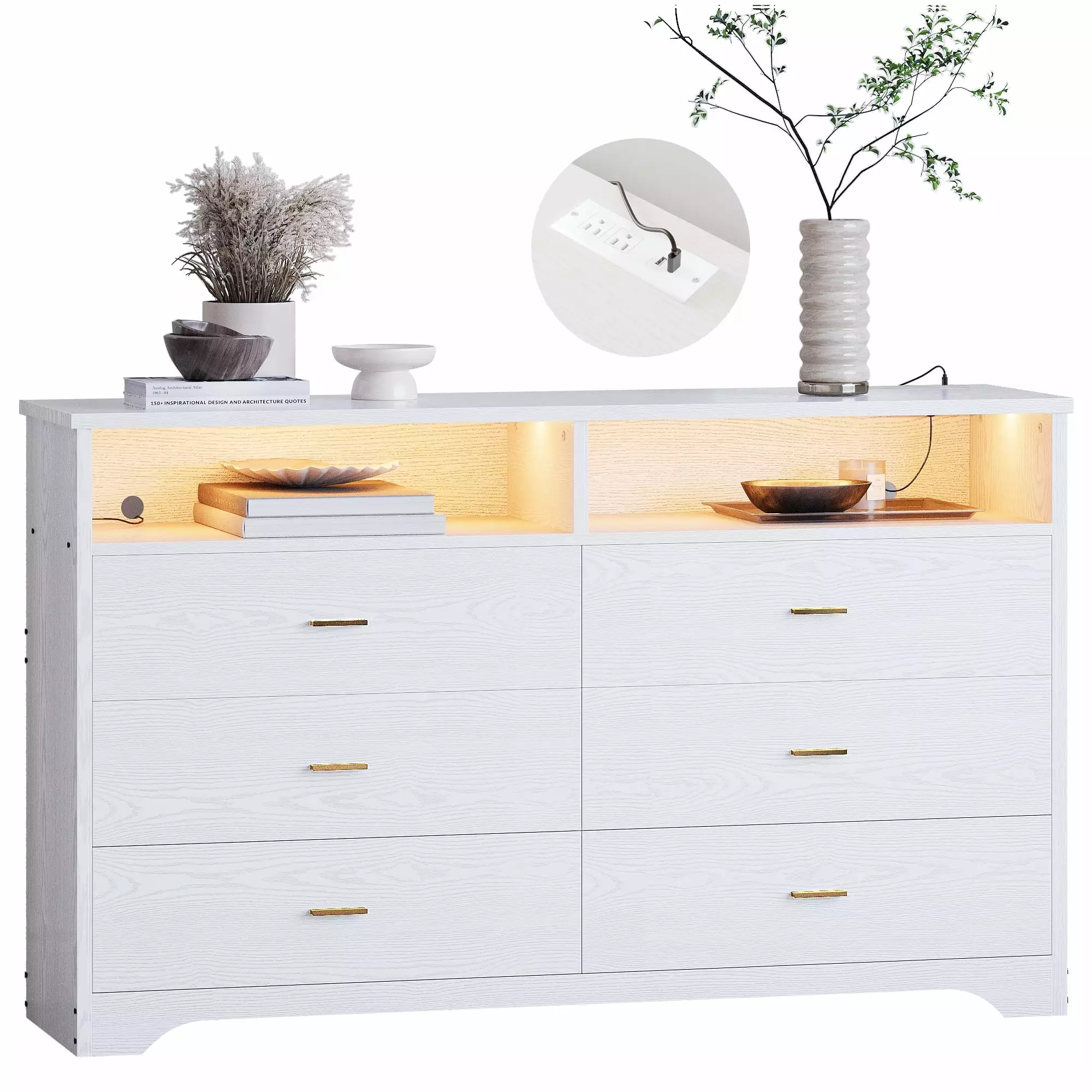 LIKIMIO 59 Dresser with 6 Drawer & Charging Station forBedroom & Living Room. Easy Assembly. Wood White