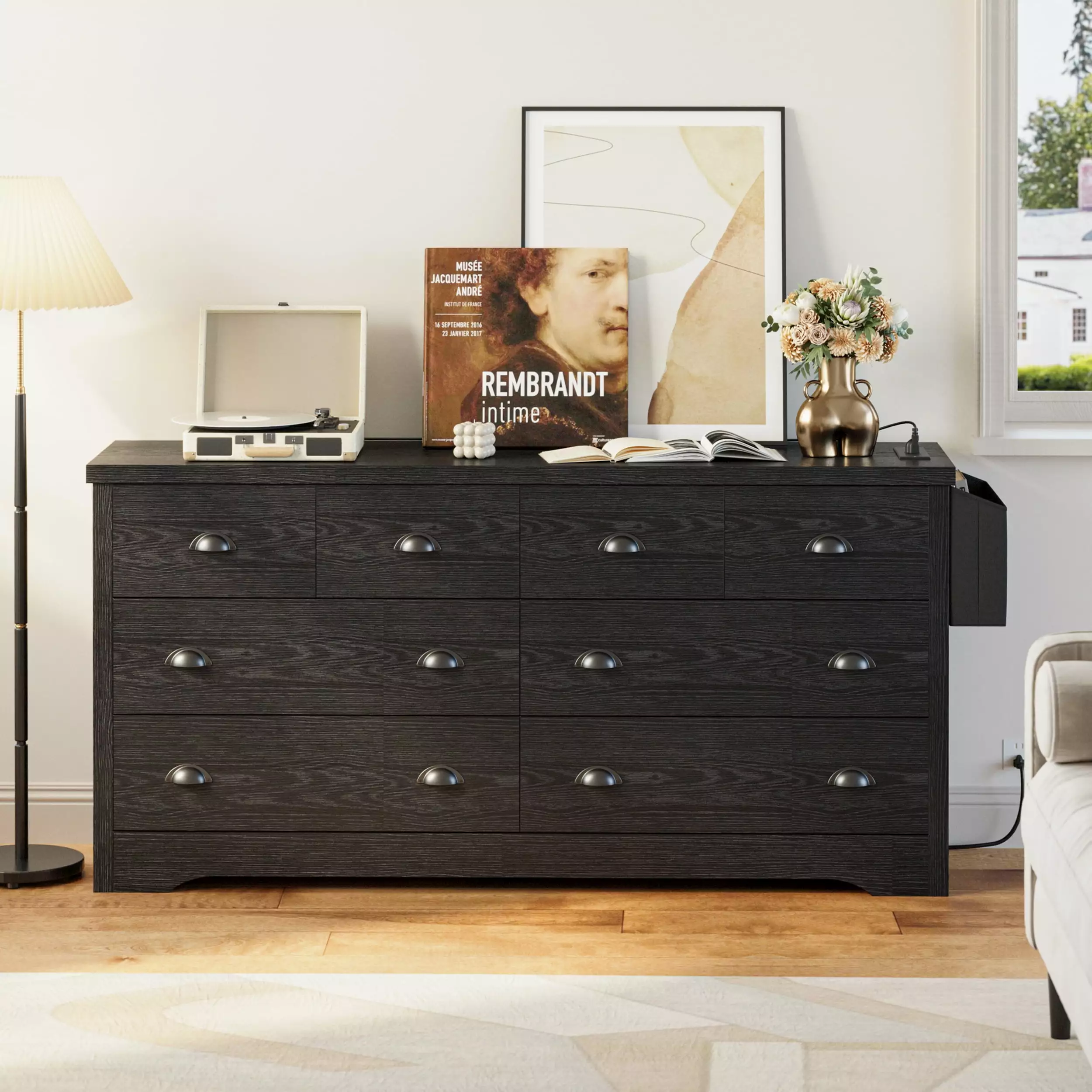 LIKIMIO 8 Drawer Dresser with Charging Station and Side Storage Bag. Wood Chest of Drawers. Black