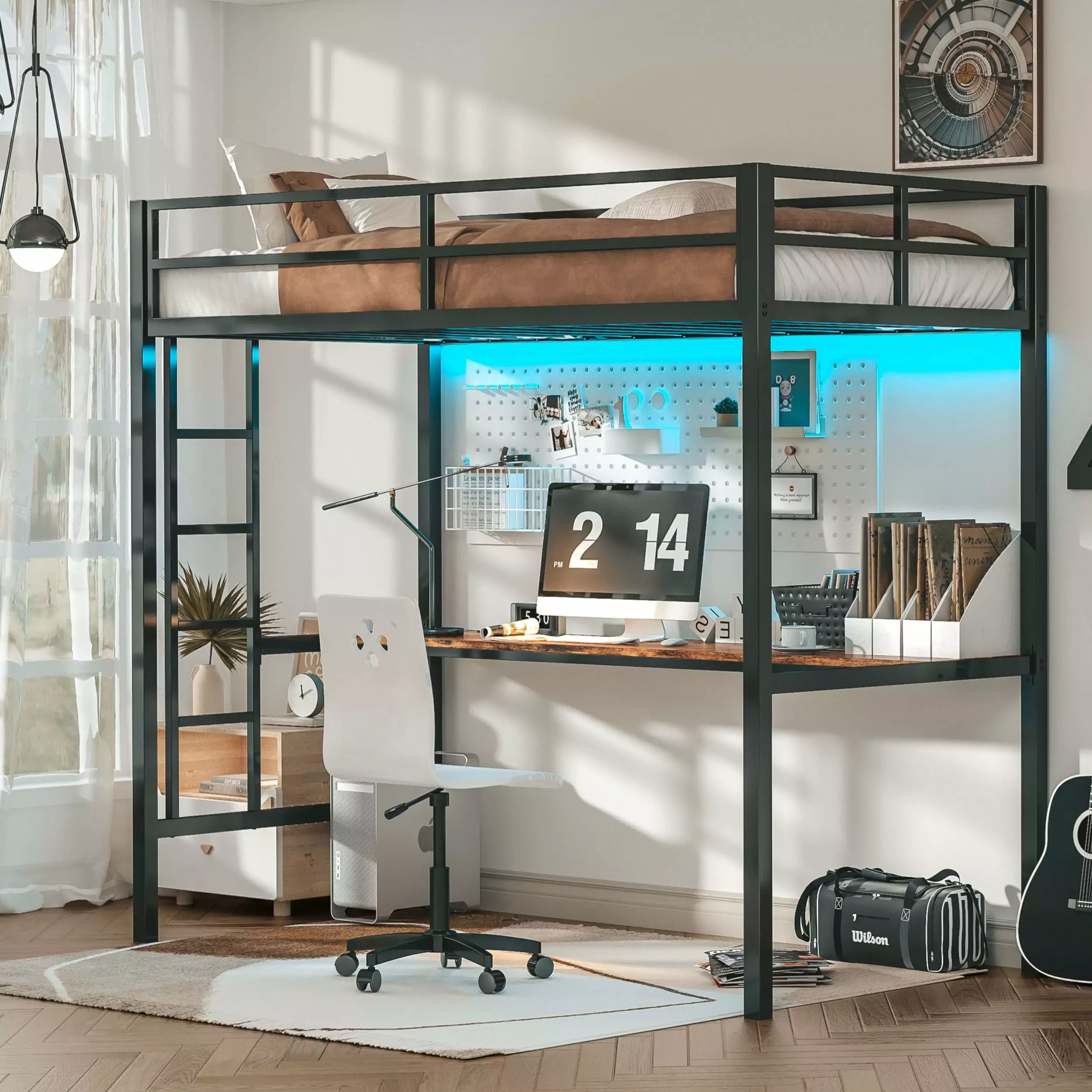 LIKIMIO Loft Bed Twin Size with Desk.Power Outlet and LED Lighted. Noise Free. Black