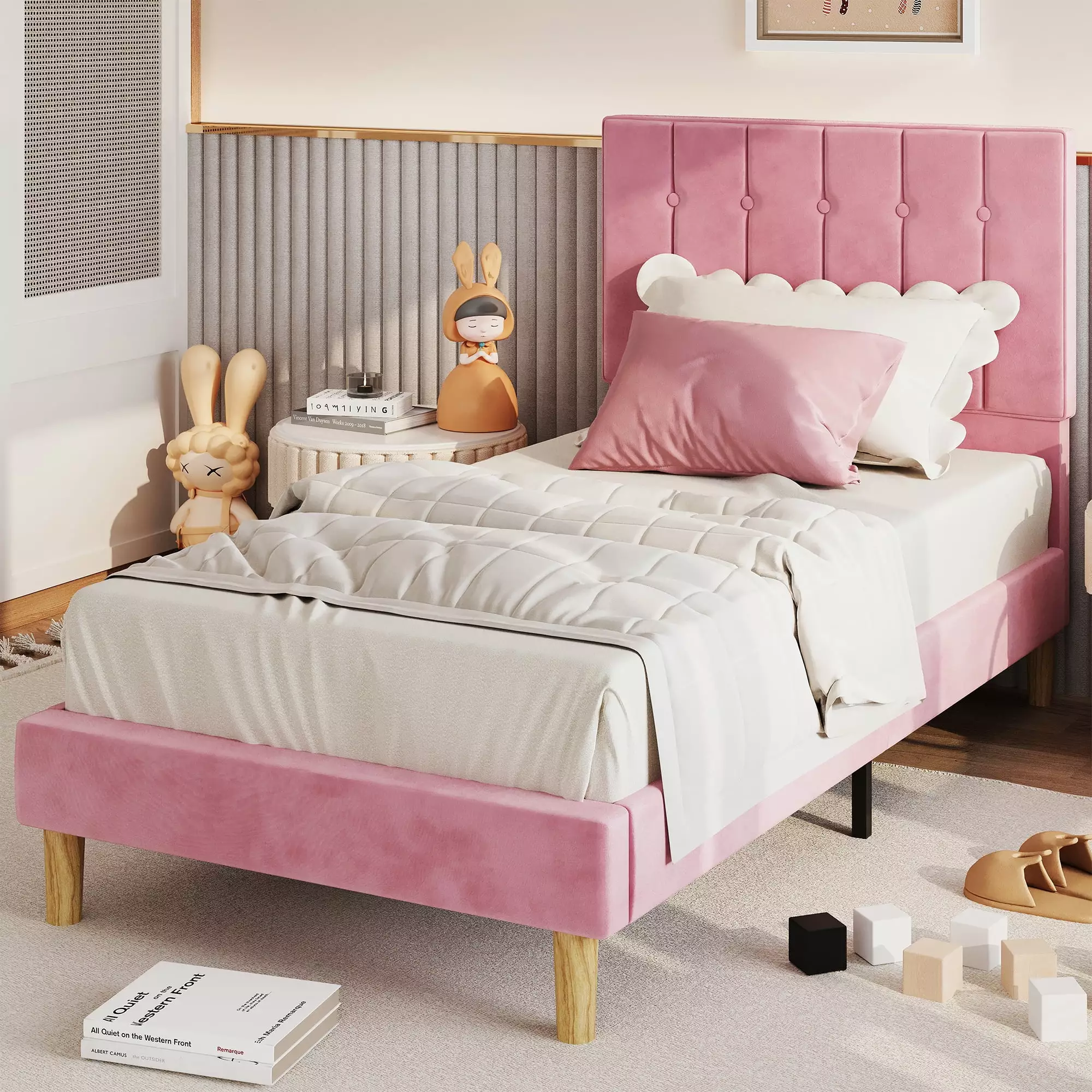 LIKIMIO Twin Bed Frame with Upholstered Headboard. No Box Spring Needed. Pink