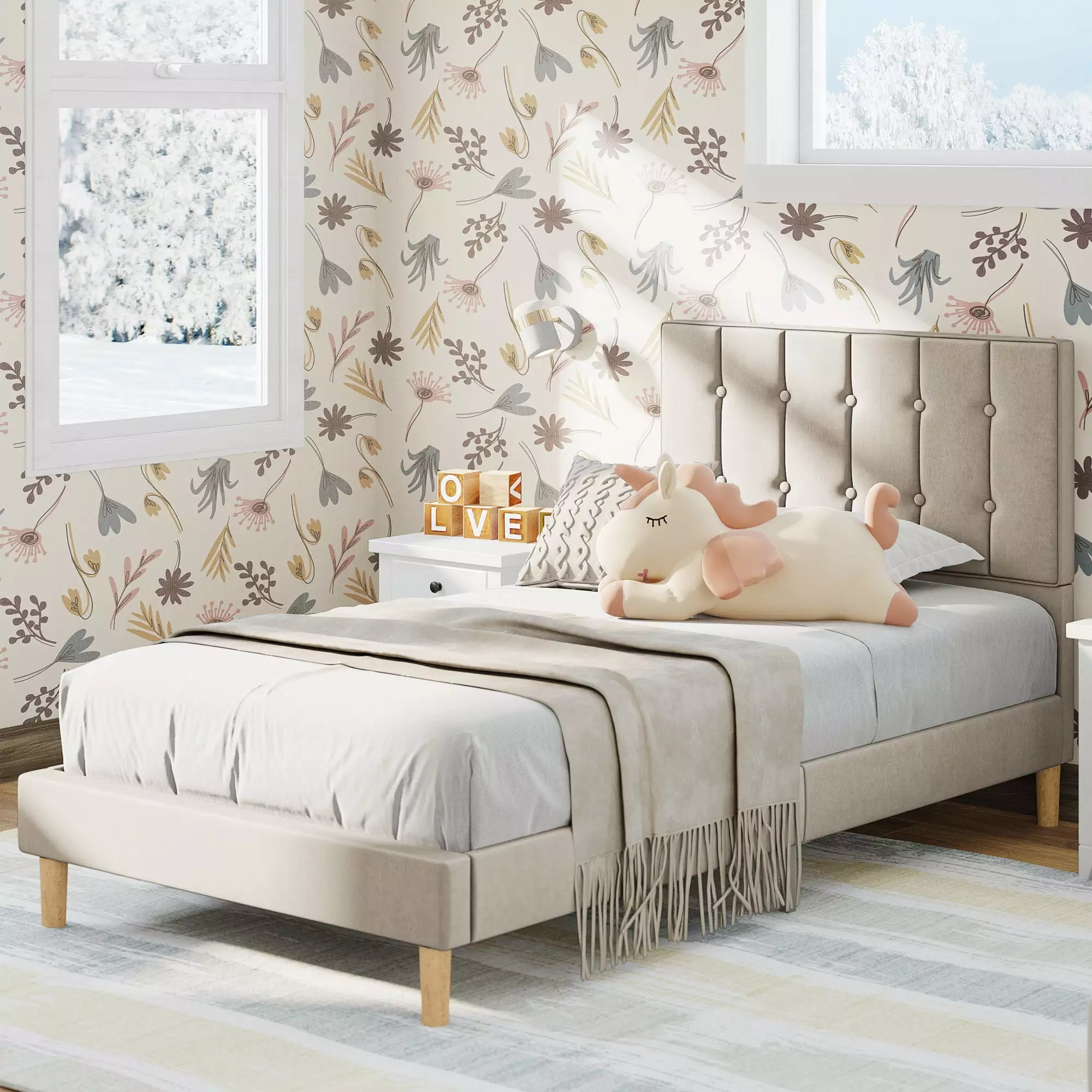 LIKIMIO Twin Bed Frame with Upholstered Headboard for Kids. No Box Spring Needed. Beige