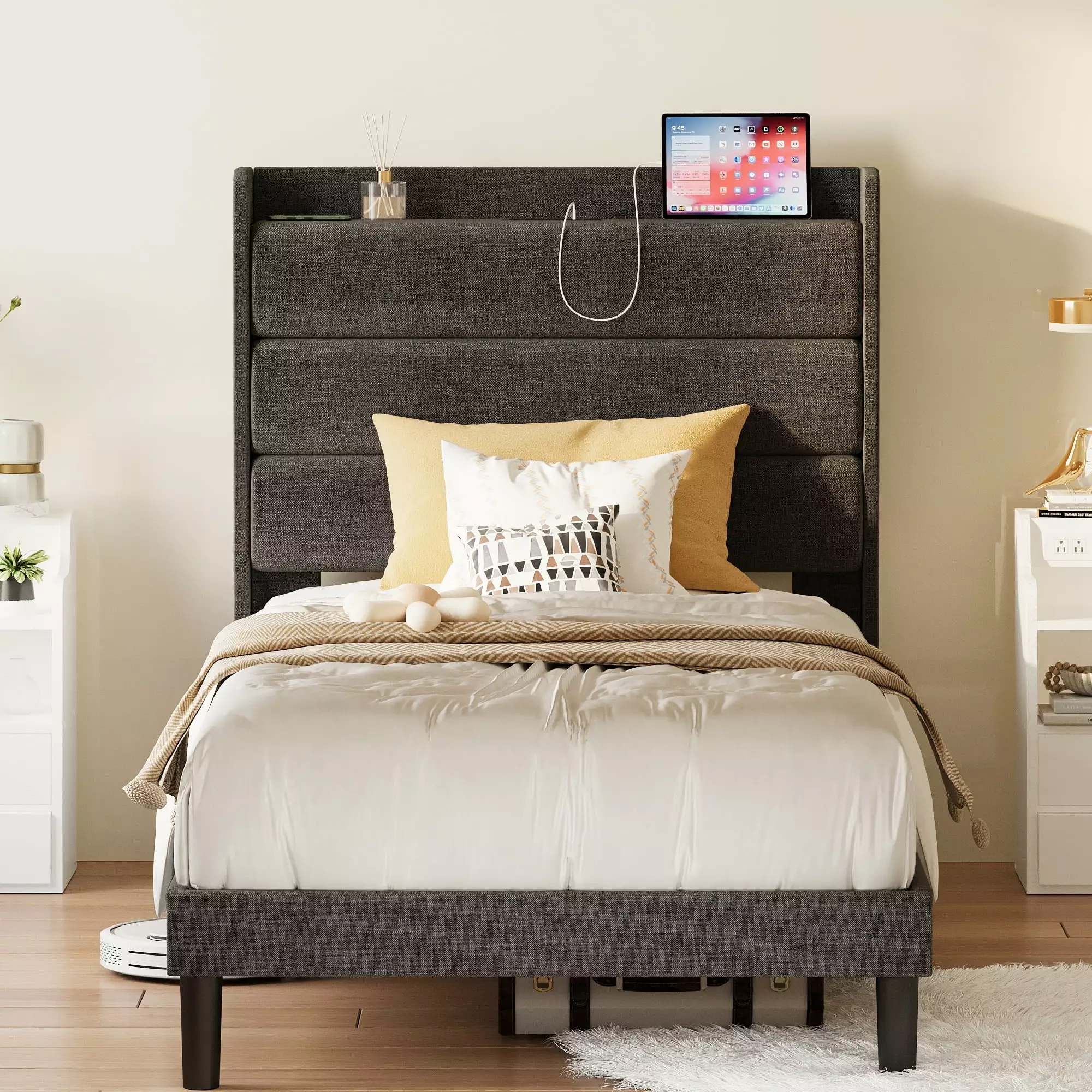 LIKIMIO Twin XL Bed Frames. Outlets Storage Upholstered Headboard. No Box Springs. Dark Gray