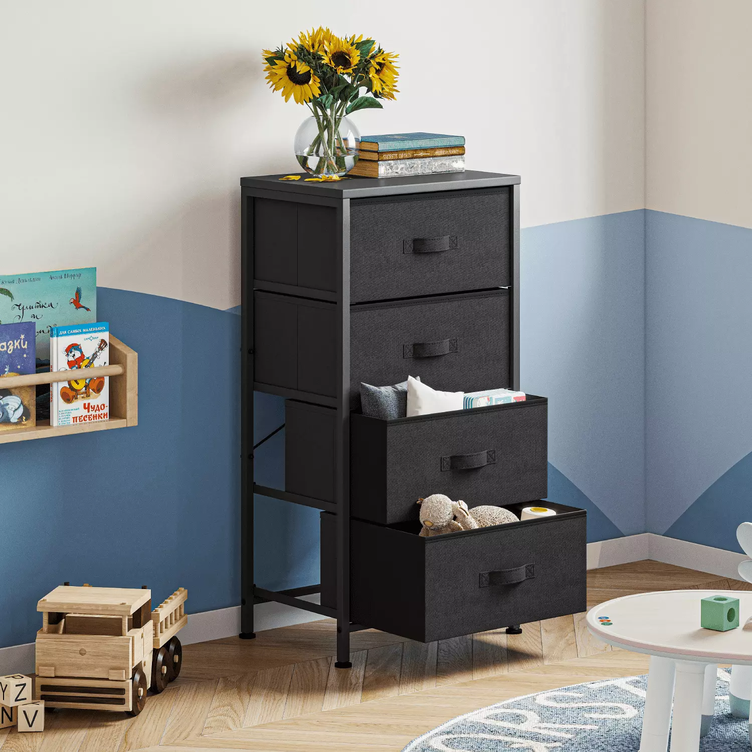 LINSY HOME 4 Fabric Drawers Dresser. Lightweight Storage Cabinet with Handles. Black