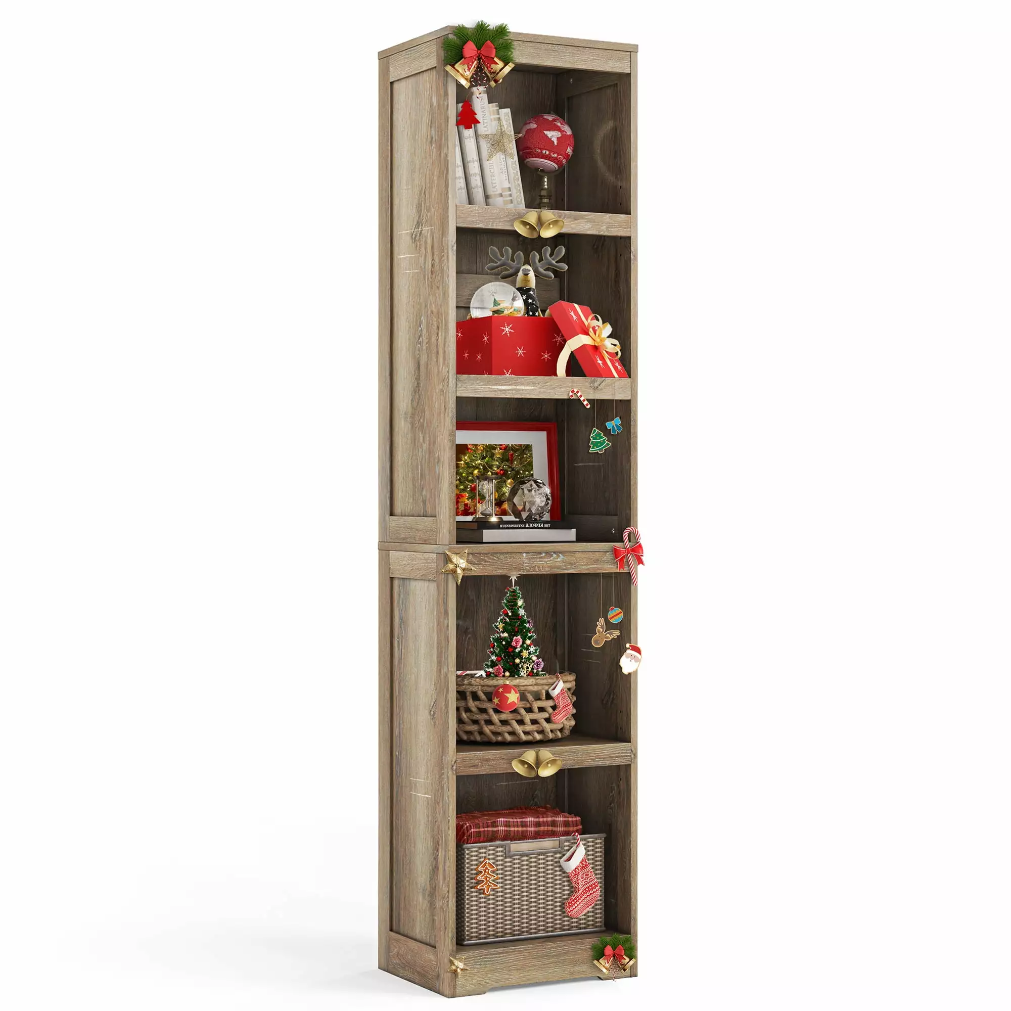 LINSY HOME 68in 5 Tier Bookshelf. Tall Narrow Bookcase Shelf Storage Organizer. Modern Book Shelf for Bedroom. Living Room and Home Office. Light Brown