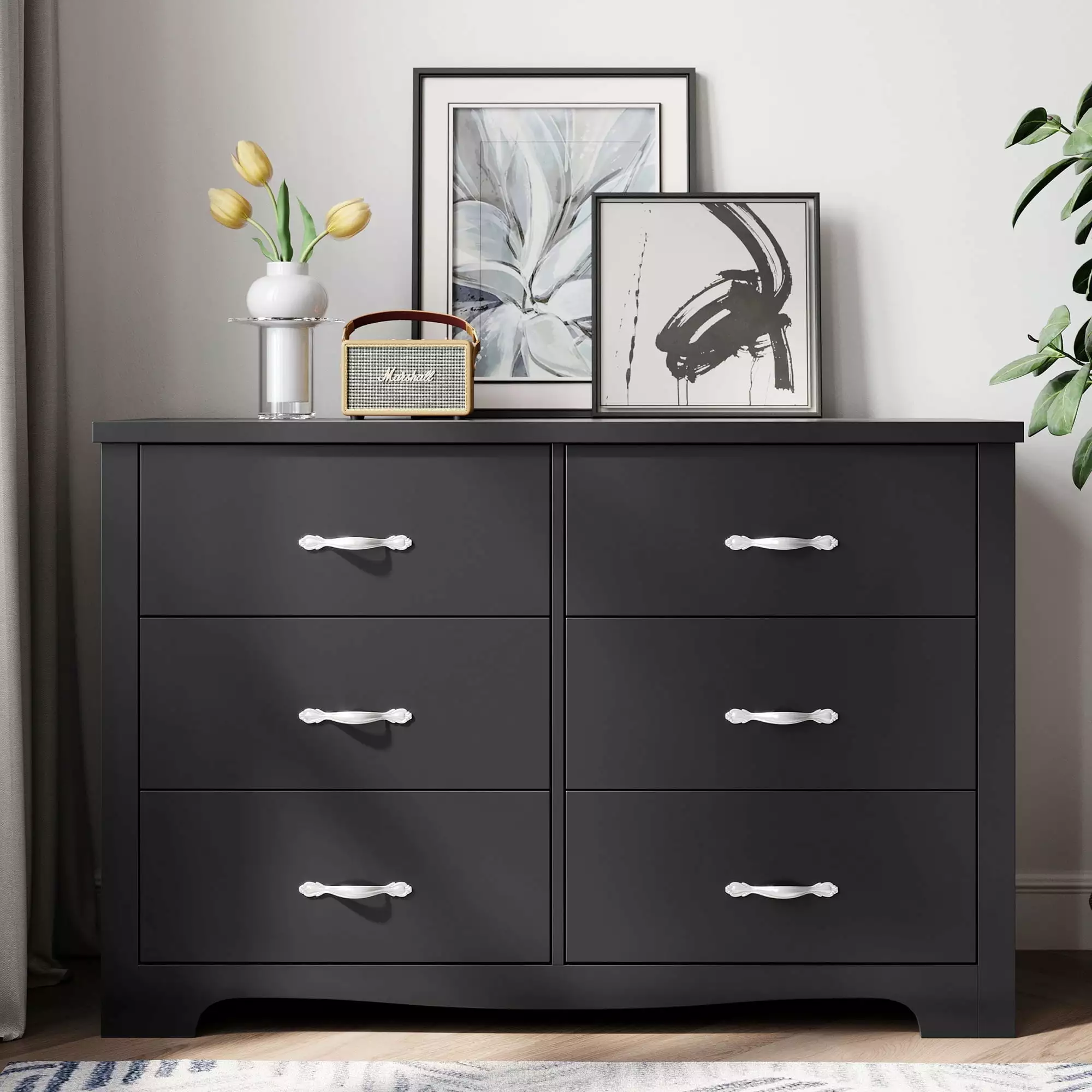 LINSY HOME Black Double Dressers.Chest of 6 Drawers