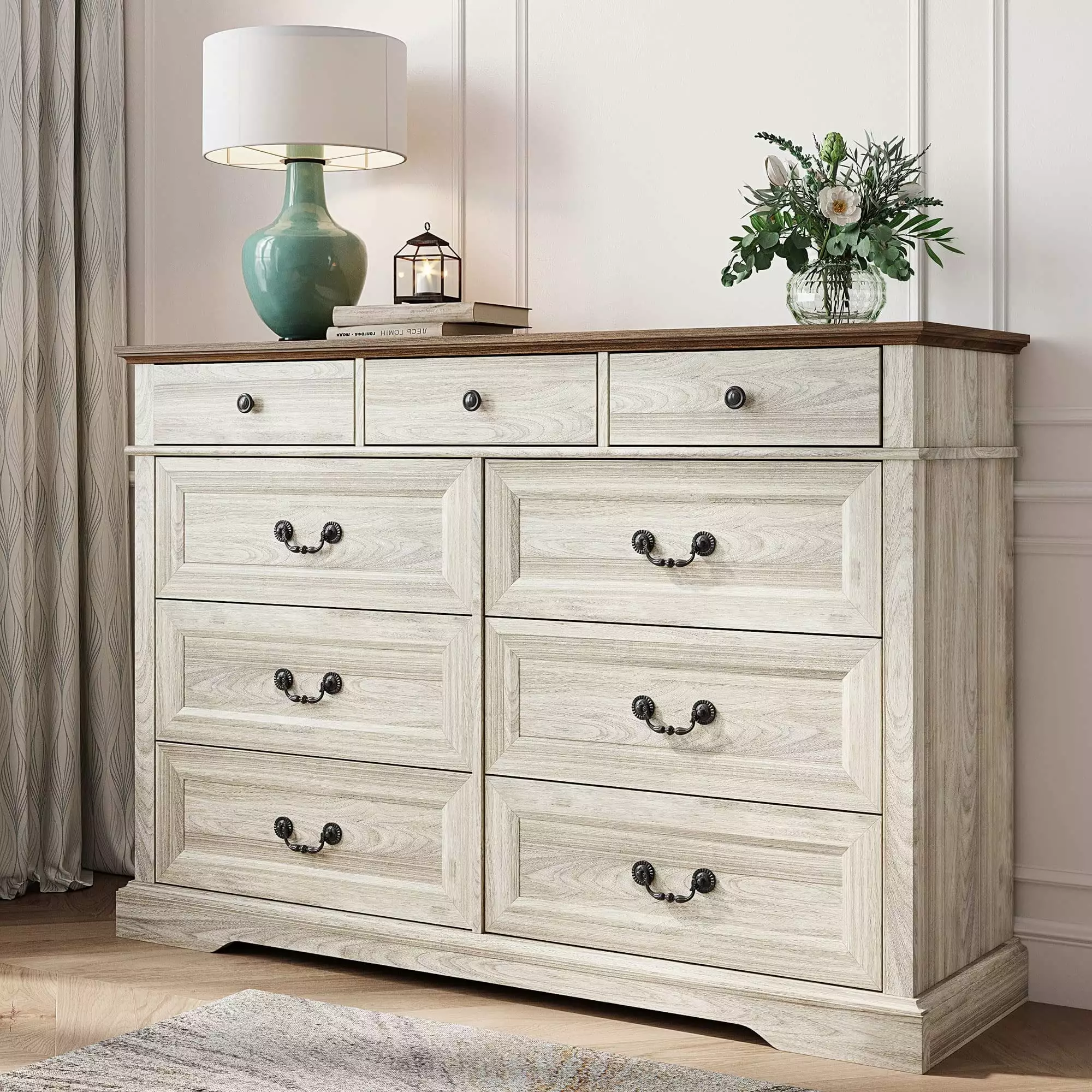 LINSY HOME Dresser for Bedroom. Long Dresser with 9 Drawers and Antique Handles. Chest of Drawers for Living Room. Entryway and Hallway. Oak White