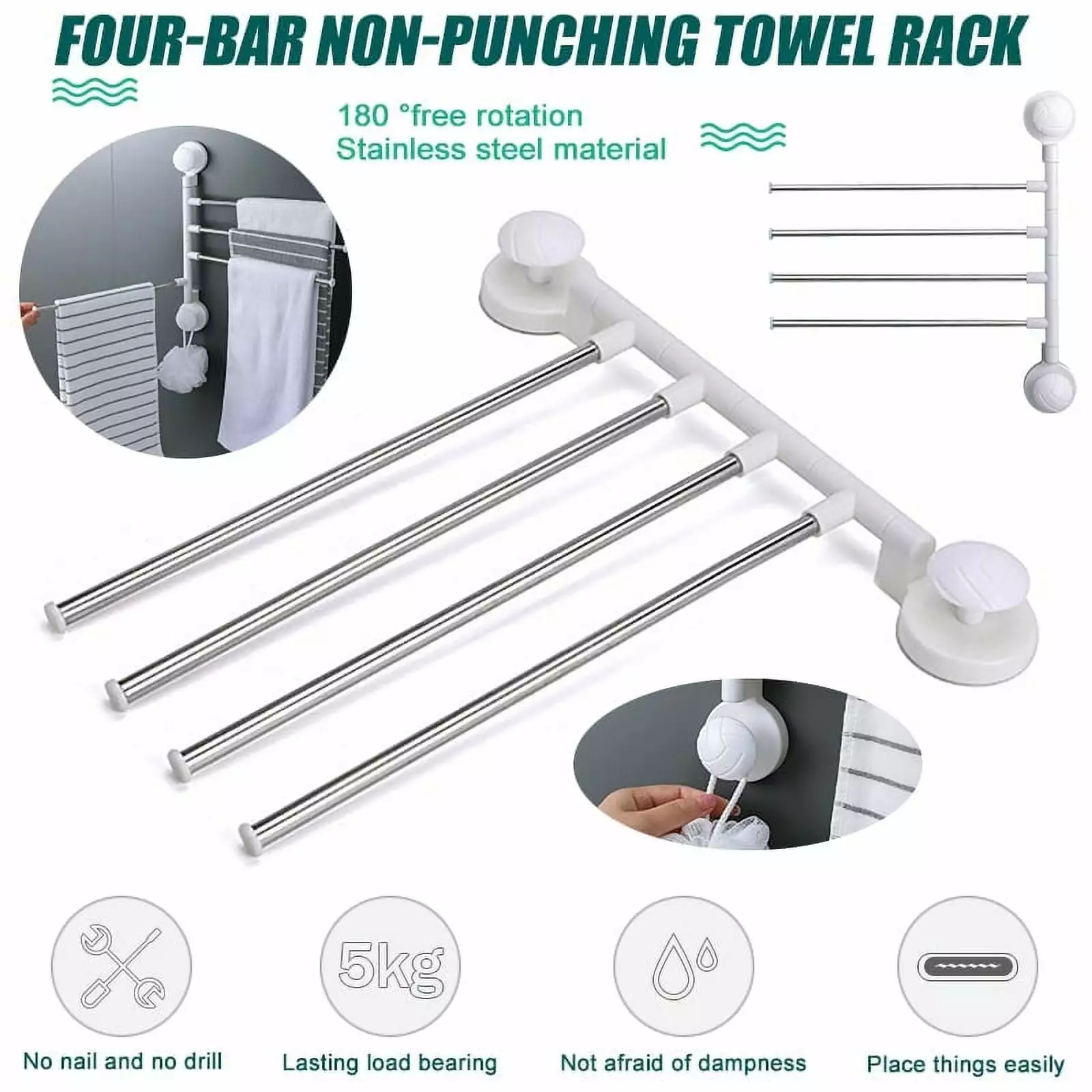 LNKOO Swing Towel Rack Wall Mounted Rotatable Towel Holder 4-Bar Kitchen Shelf Towel Hanger bathroom accessories -Towel Hanger Space Saving Towel Racks.No Drill Towel Rack for Bathroom. Kitchen