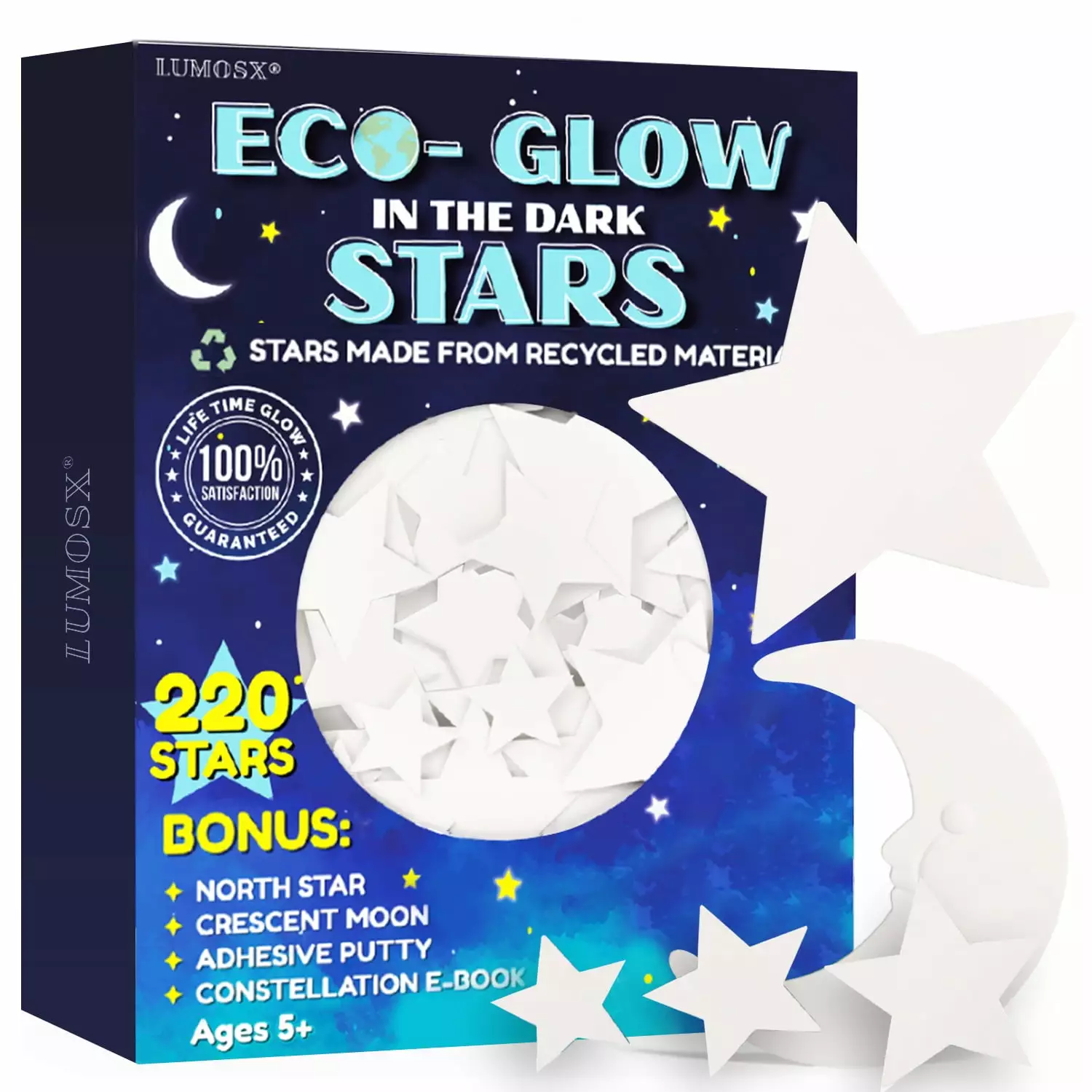 LUMOSX Glow in The Dark Stars for Ceiling - Stars from Recycled Materials w/Bonus North Star. Moon & Constellation E-Book | 220 pcs Ceiling Stars for Ceiling Decorations for Kids Room Decor