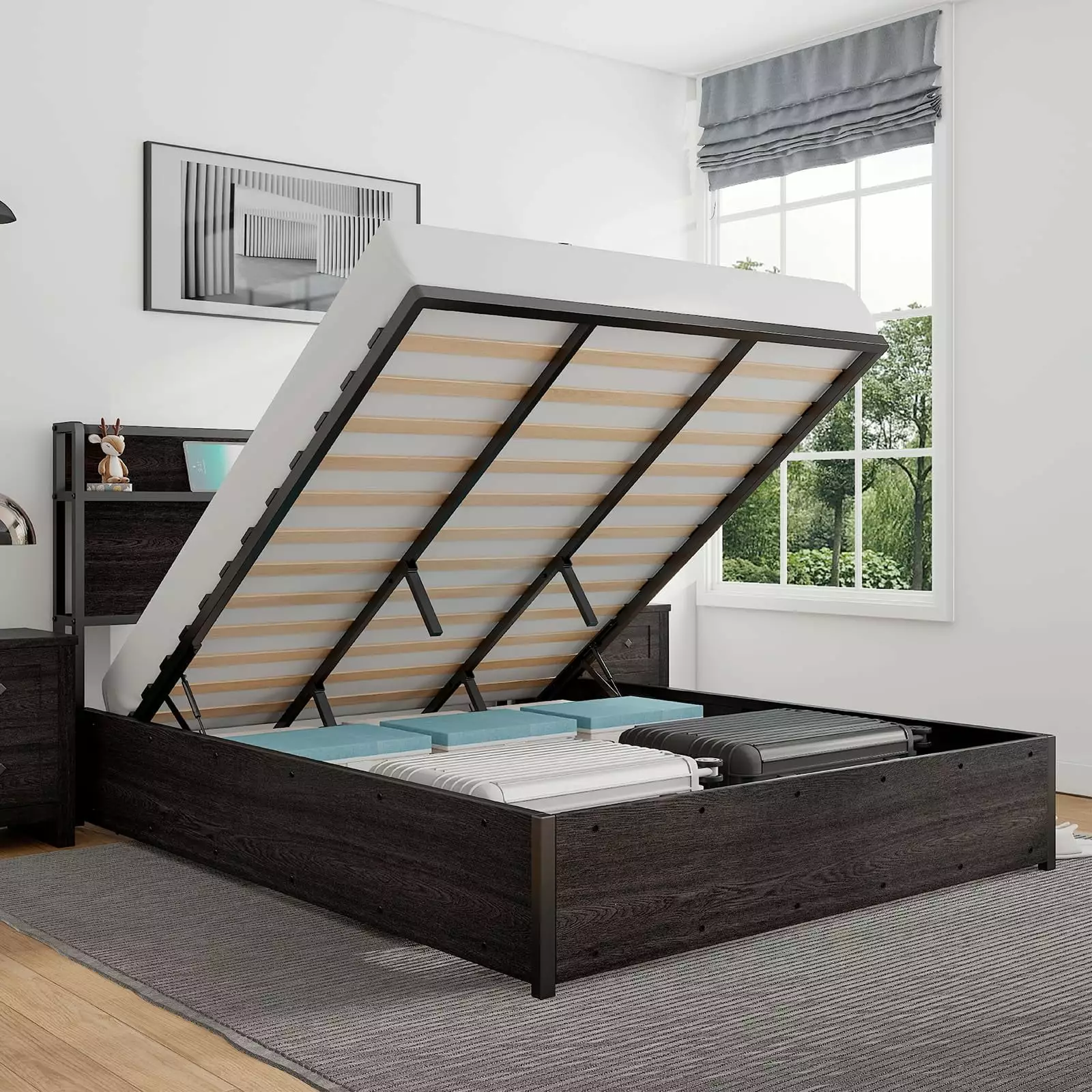 LUXOAK Full Size Lift up Storage Bed. Storage Headboard & Charging Station. Black