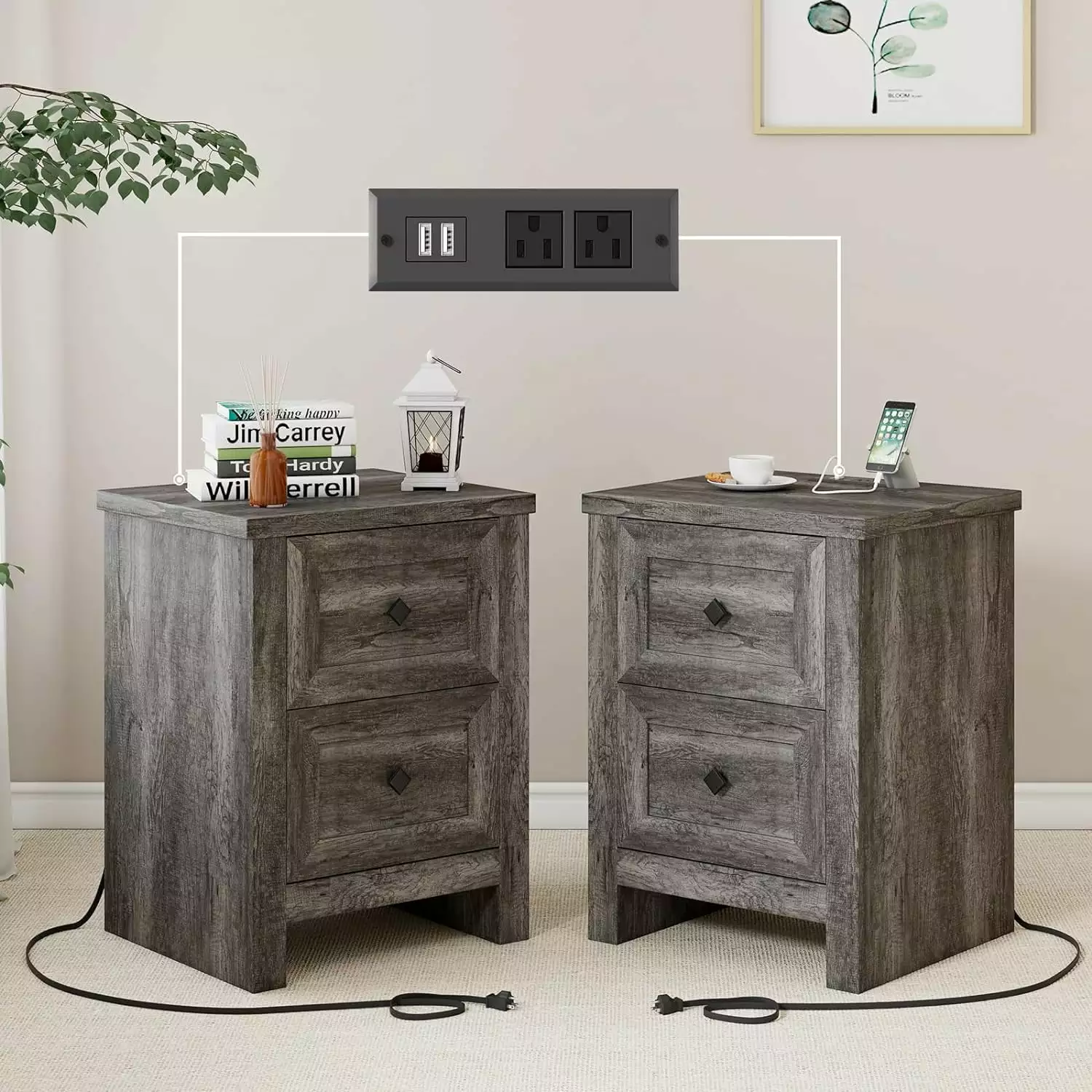 LUXOAK Nightstand Set of 2 with Charging Station. Wood End Table with 2 Drawers Storage Cabinet Grey