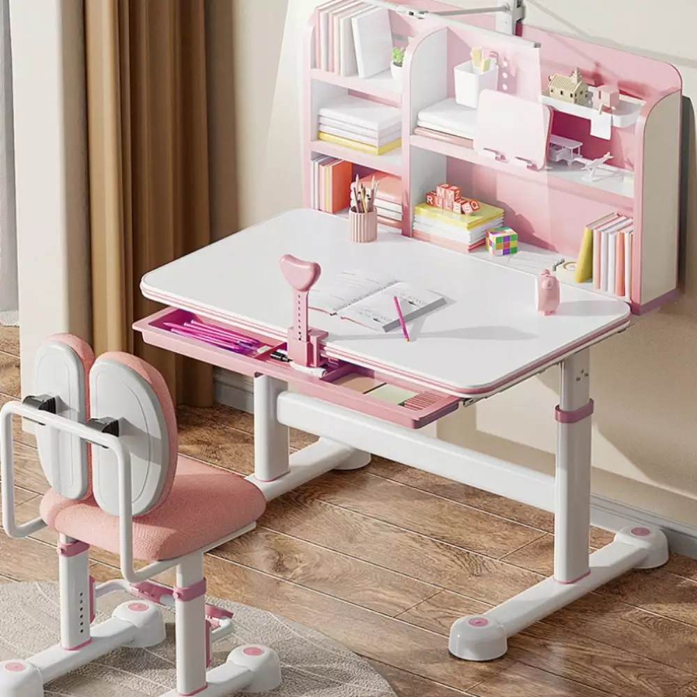 LYHOE Functional Kids Desk and Chair Set. Height Adjustable Ergonomic Children School Writing Study Table for Girls with Tilt Desktop. Workstation with Drawers. LED Lamp. Bookstand (Pink W31.5in)