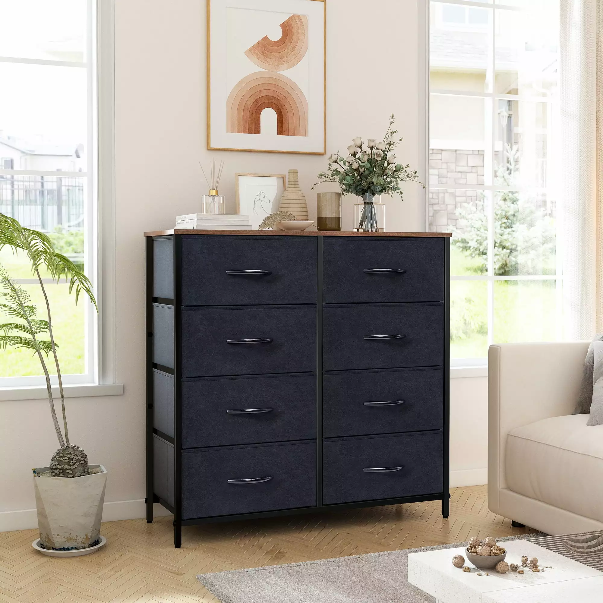 LYNCOHOME 8 Drawers Dresser for Bedroom Chest of Drawers Wide Fabric Dresser Storage. Black