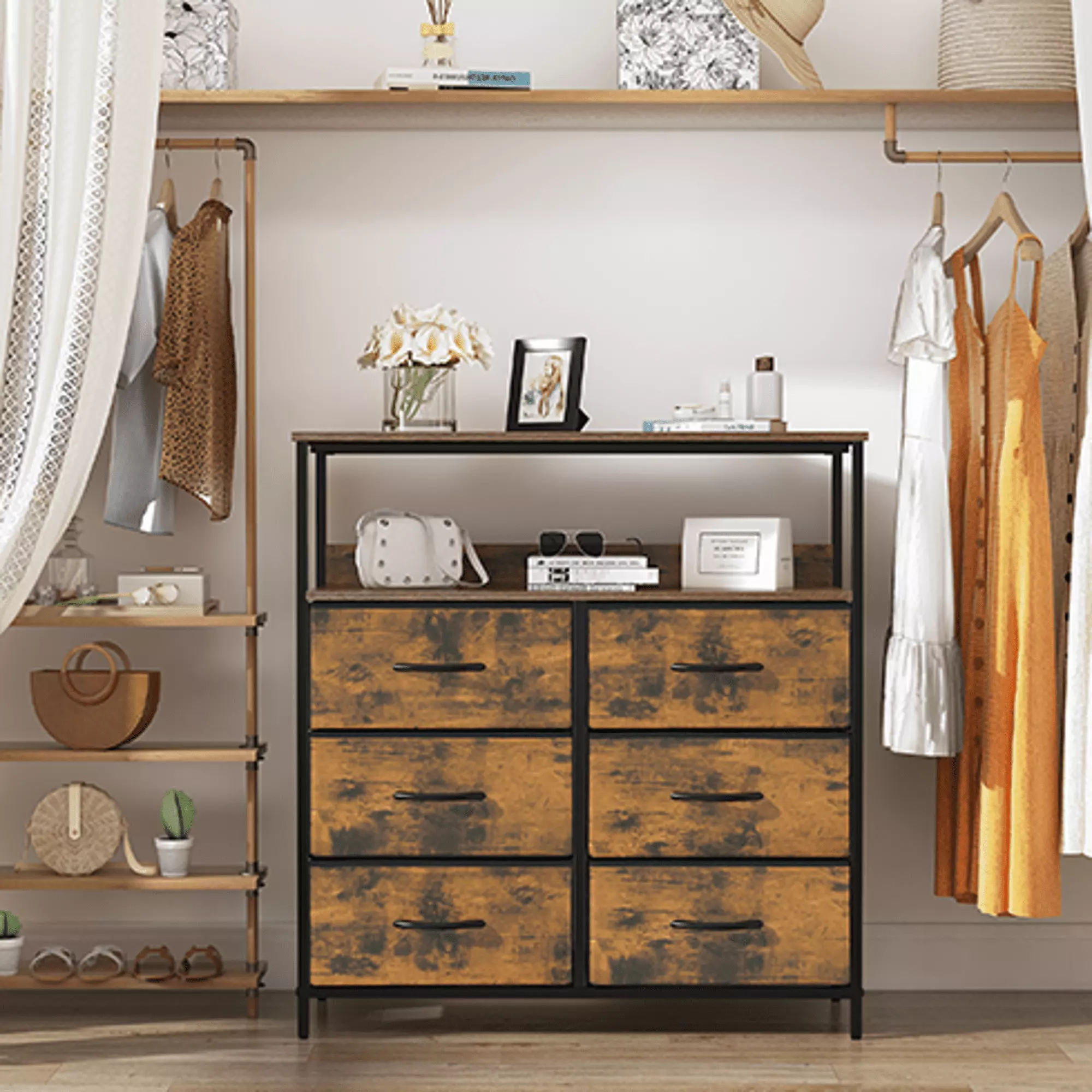 LYNCOHOME Dresser with 6 Fabric Drawers for Bedroom. Modern Chest of Drawers for Closet. Storage Cabinet. Rustic Brown Finish