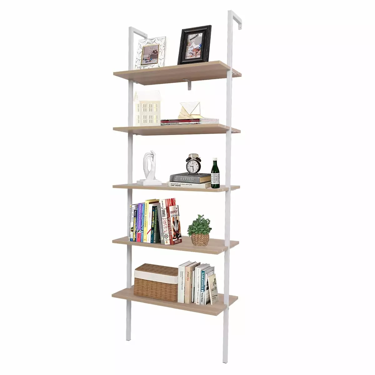 Ladder Shelf 5 Tier Wall Mounted Bookcase with Metal Frame. Open Design Shelves for Living Room. Bedroom. Home. Office