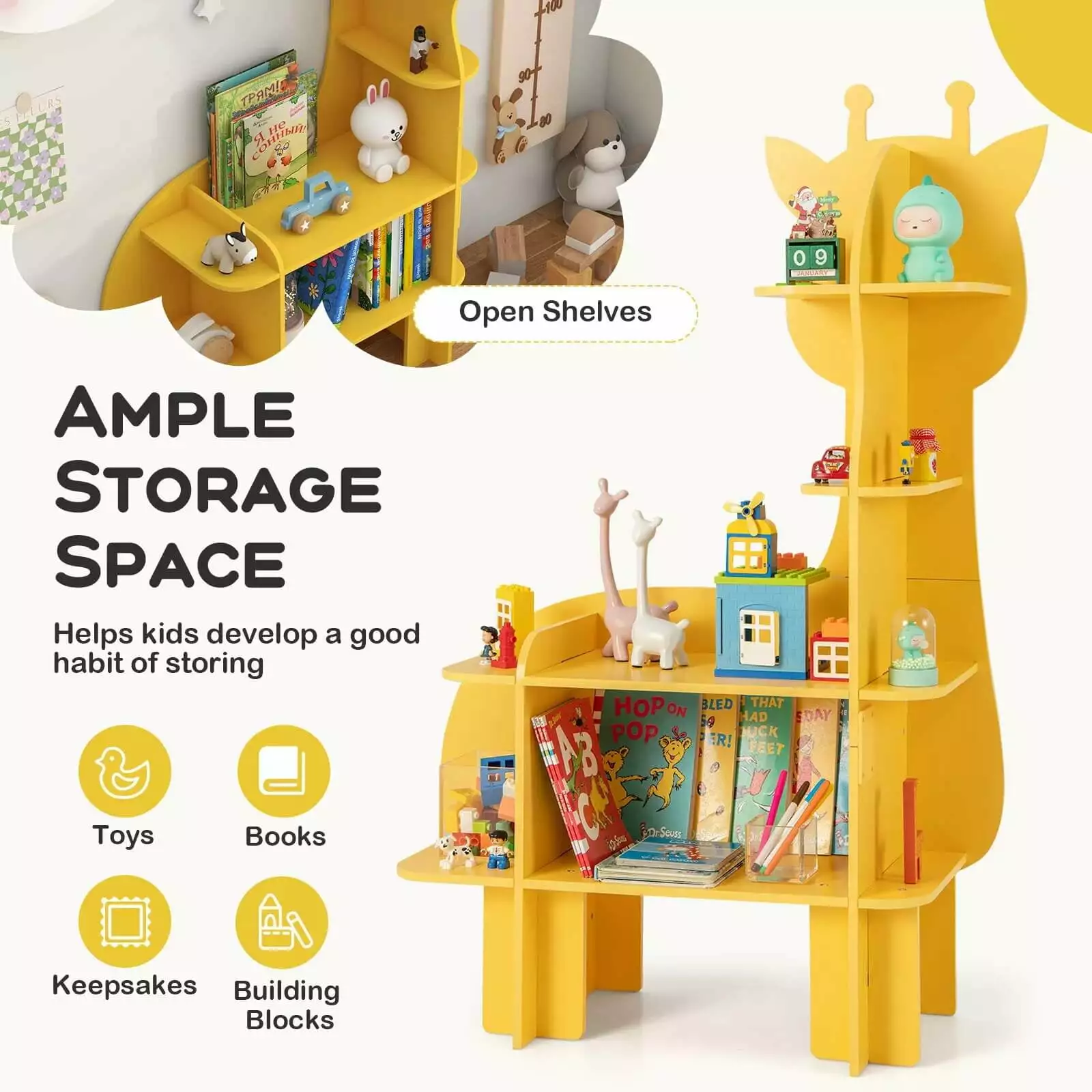 Laicejoy Giraffe Bookcase for Kids 4-Tier Toy Storage Organizer with Open Storage Shelves