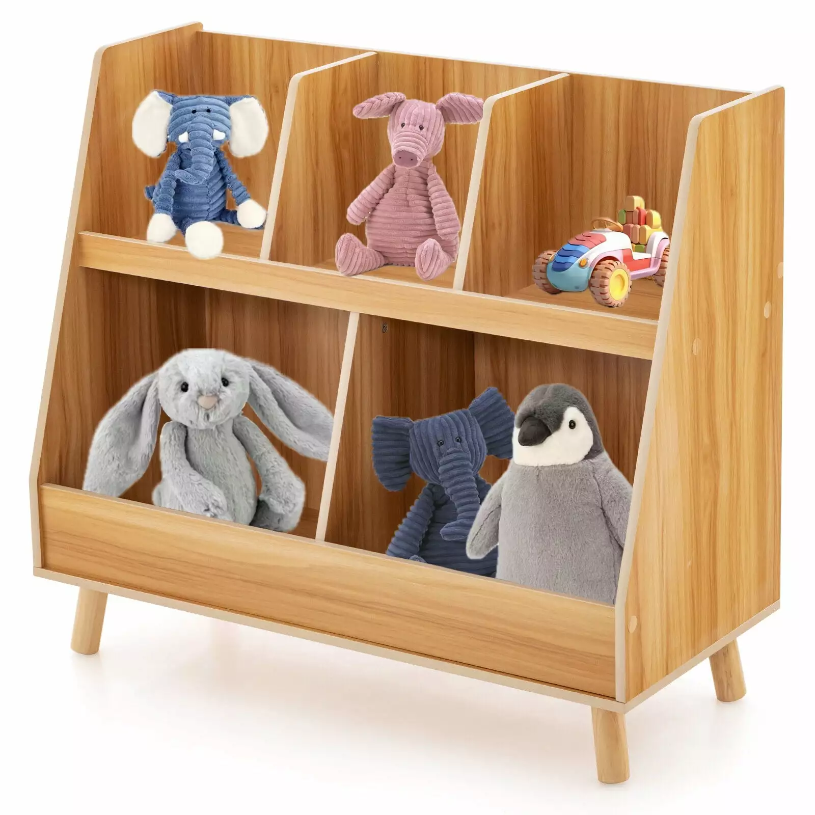 Laijoy Kids Bookshelf. 5-Cube Open Toy Storage Organizer with Solid Wood Support Legs. 2-Tier Bookcase Display Rack with Anti-tip Kit