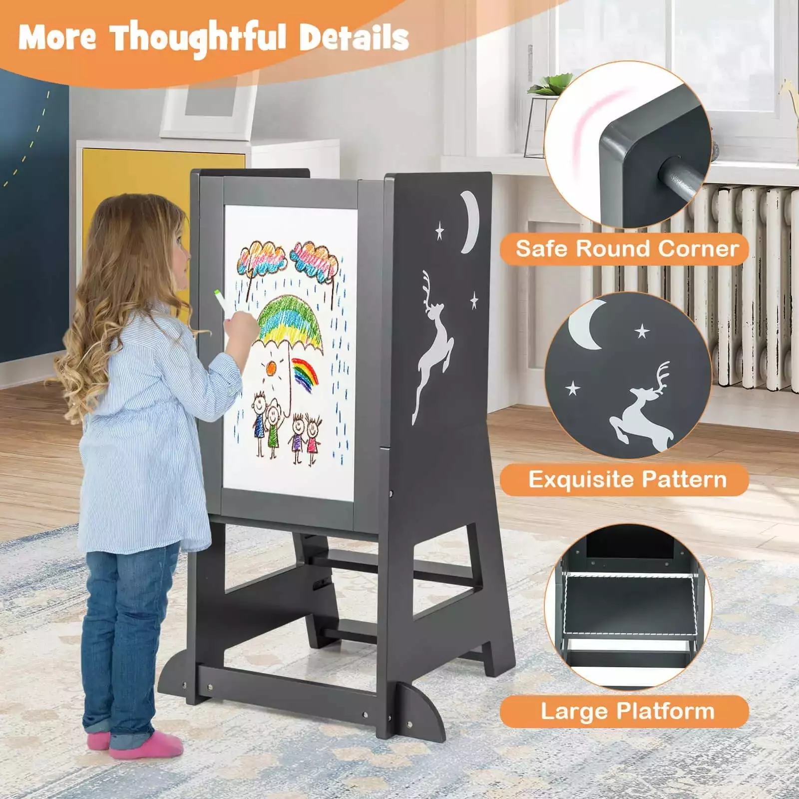 Laijoy Toddler Standing Tower. Multipurpose Wooden Kitchen Step Stop with Whiteboard & Blackboard. 3 Water-based Pens