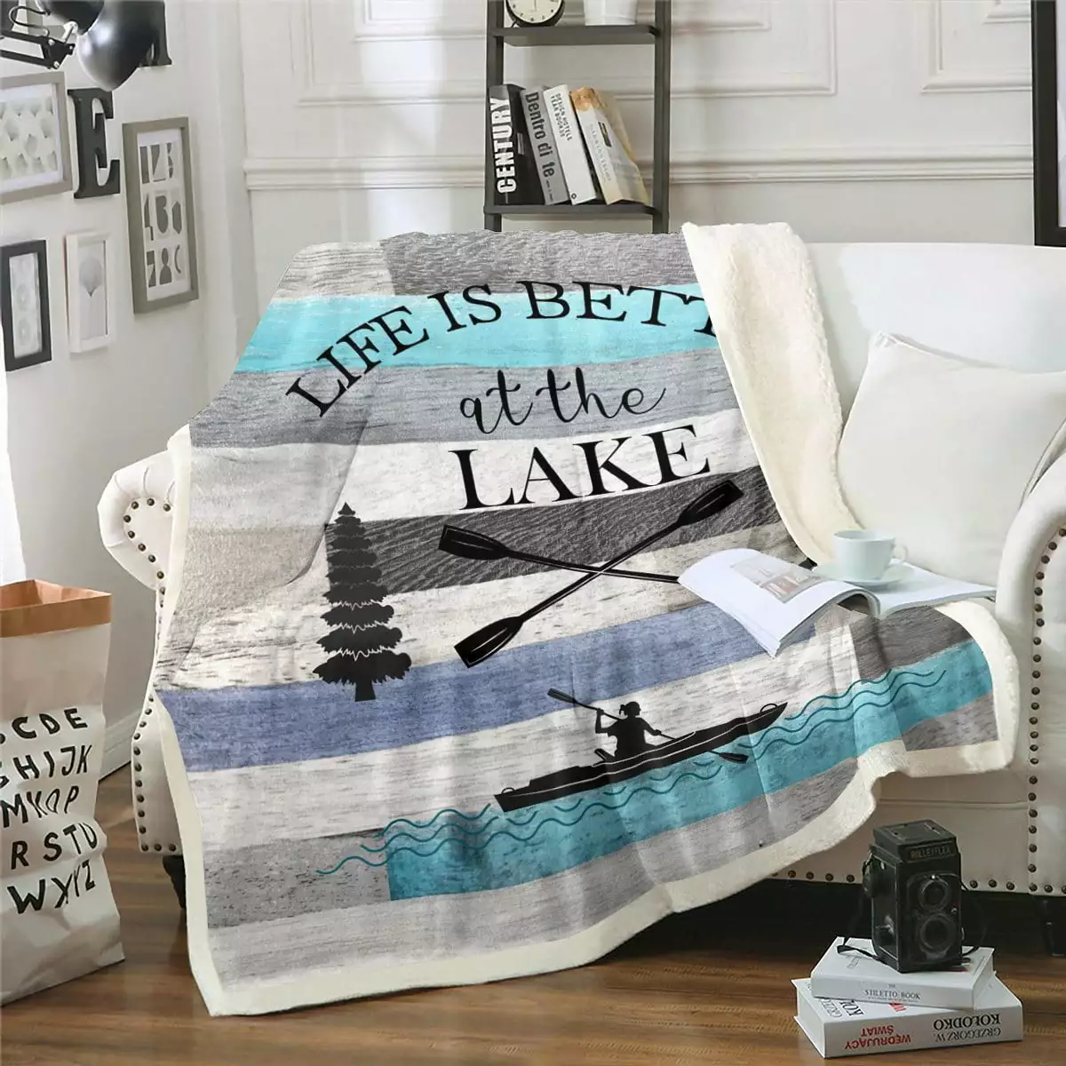 Lake House Fleece Blanket For Boys. Farmhouse Paddles Boat Sherpa Blanket Lakehouse Rustic Throw Blanket Teens Retro Fishing Boat Plush Bed Blanket Lake House Decor For The Home.Throw Size.Teal Grey